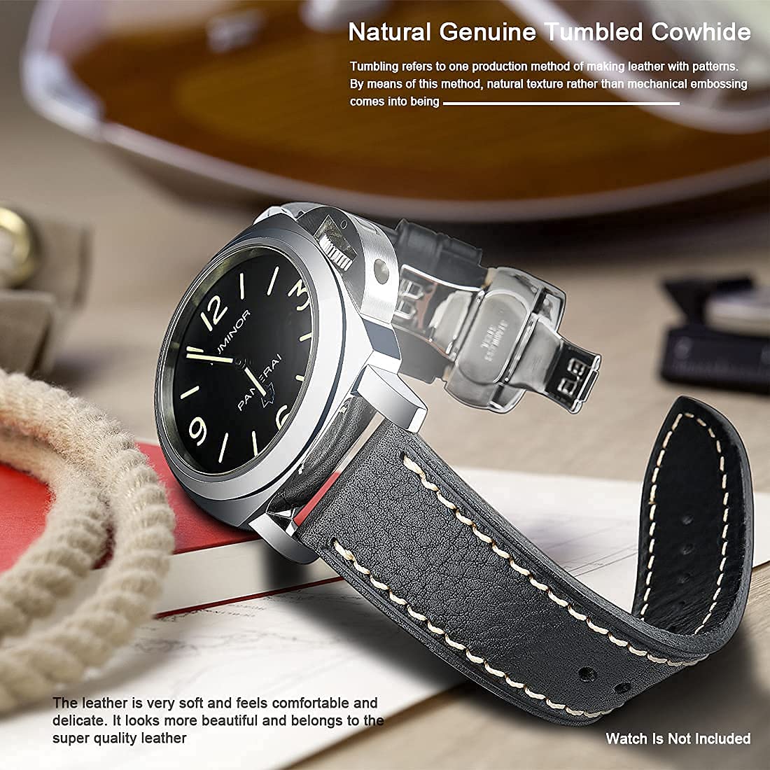 REZERO Genuine 22mm Leather Watch Bands - Pin Buckle & Silver Butterfly Buckle Replacement Straps for Men Women | Dress, Business, Casual Wear