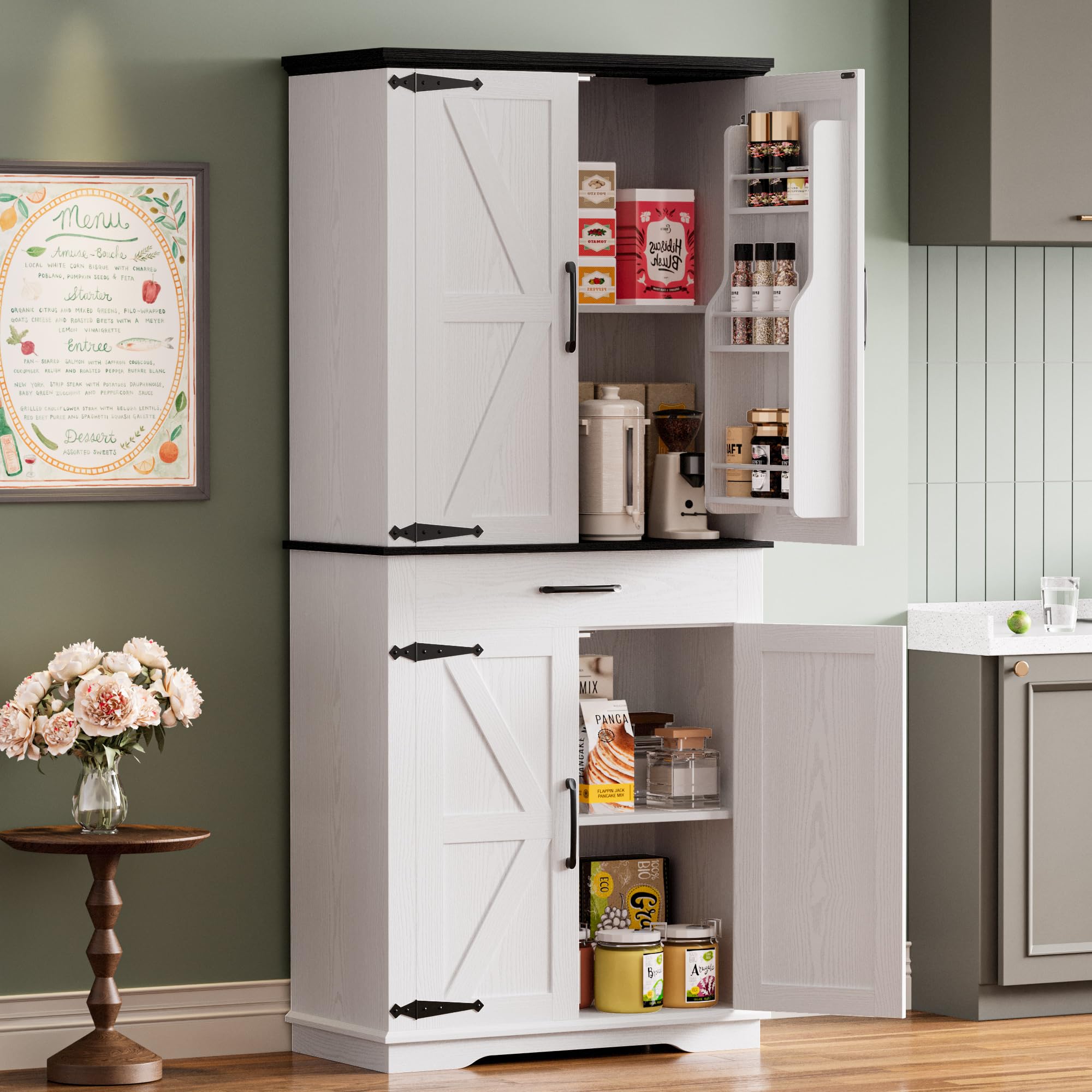 IRONCK Farmhouse Kitchen Pantry Cabinet - 6 Adjustable Shelves, Freestanding Storage Cupboard with Barn Doors for Kitchen & Dining Room (White/Black) | Perfect for Organizing Spices, Cookware & Dining Essentials