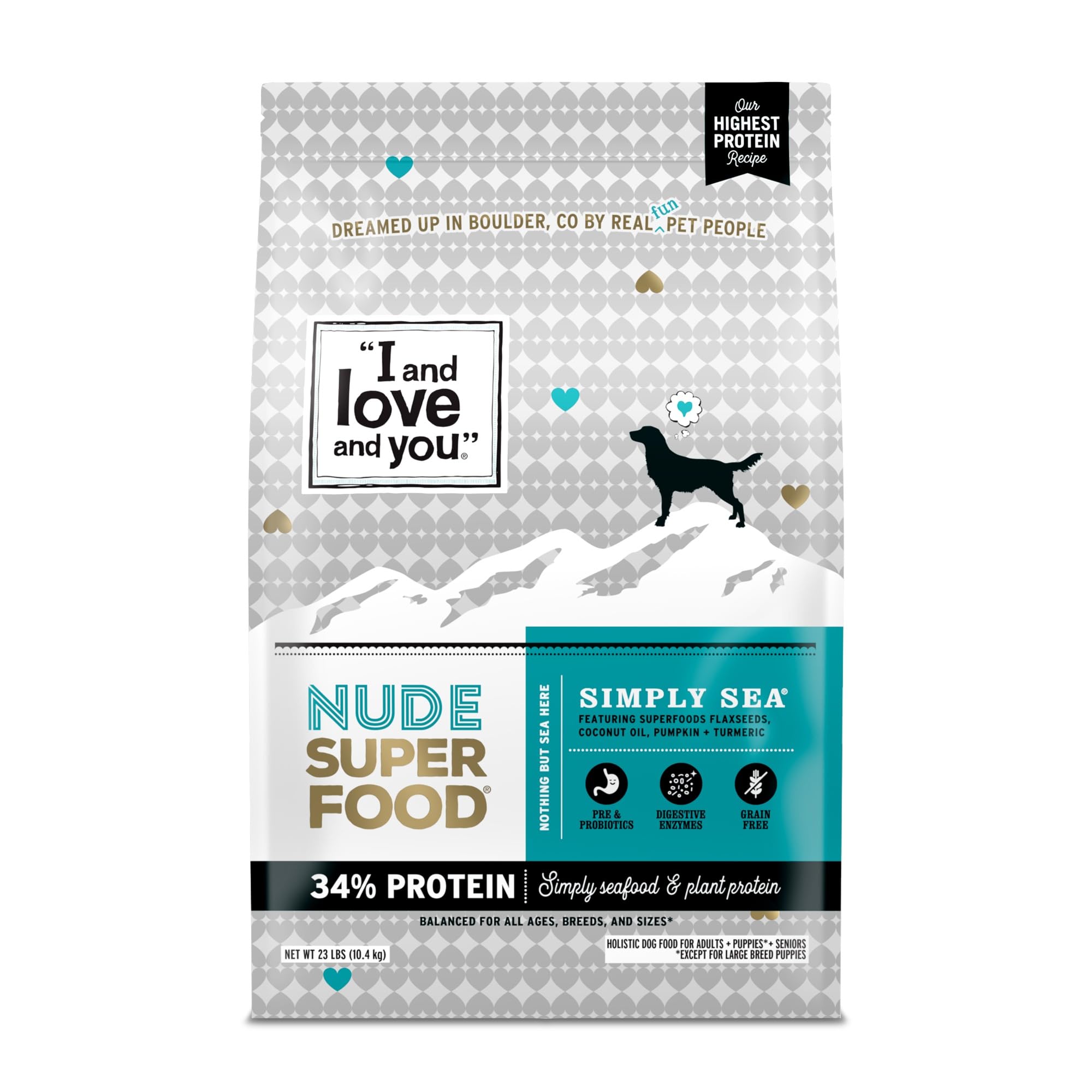 Premium Grain-Free Dry Dog Food with Salmon & Whitefish - I AND LOVE AND YOU Nude Super Food Formula - Prebiotic & Probiotic for Digestive Health - Real Meat, No Fillers - 23lb Bag - Ideal for Adult Dogs with Sensitive Stomachs or Allergies