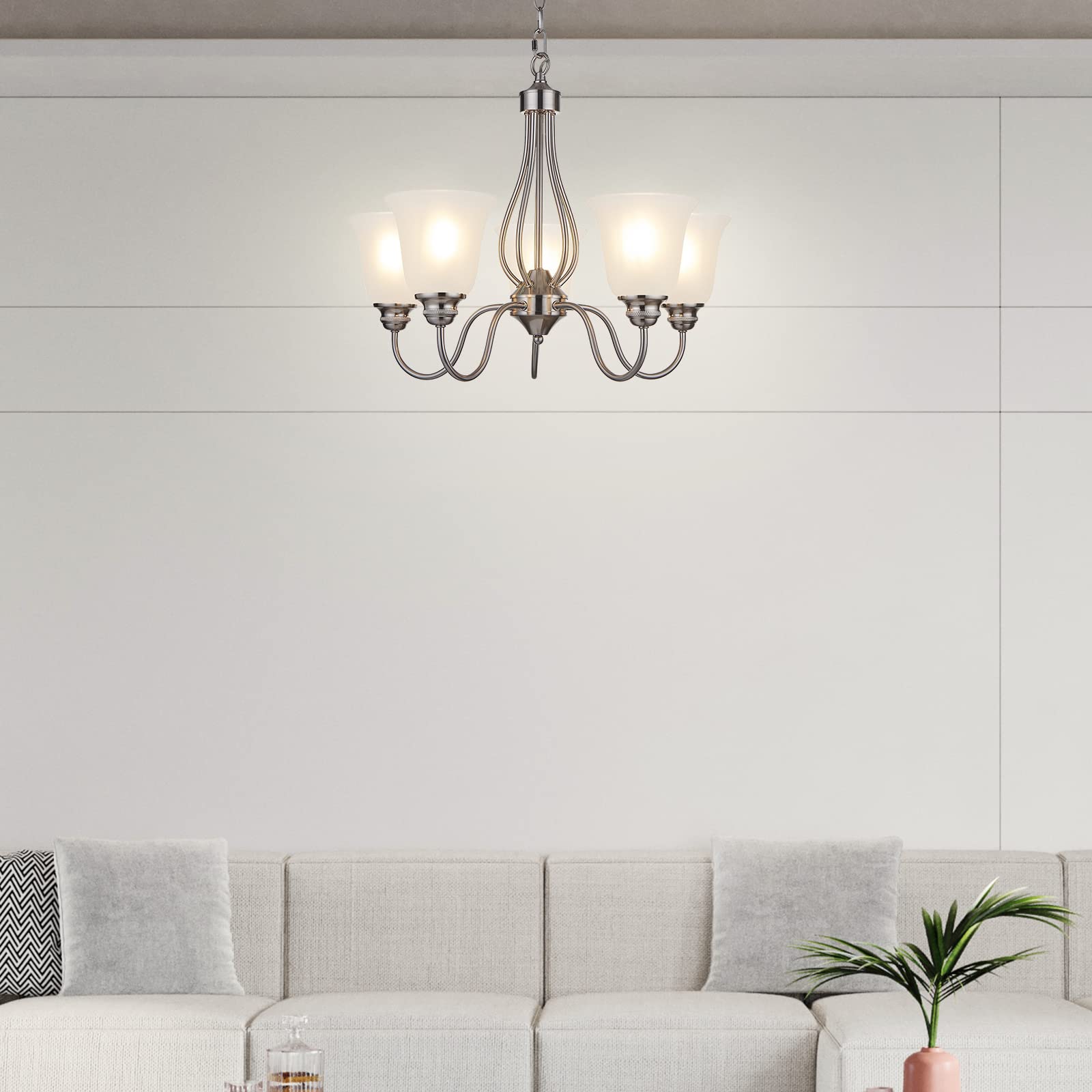 5-Light Brushed Nickel Chandelier - Classic Frosted Glass Ceiling Light Fixture for Dining Room, Living Room, Meeting Room & Corridor - LED Compatible (Bulbs Not Included) - Perfect for Home Decor, Wedding Venues & Restaurant Lighting