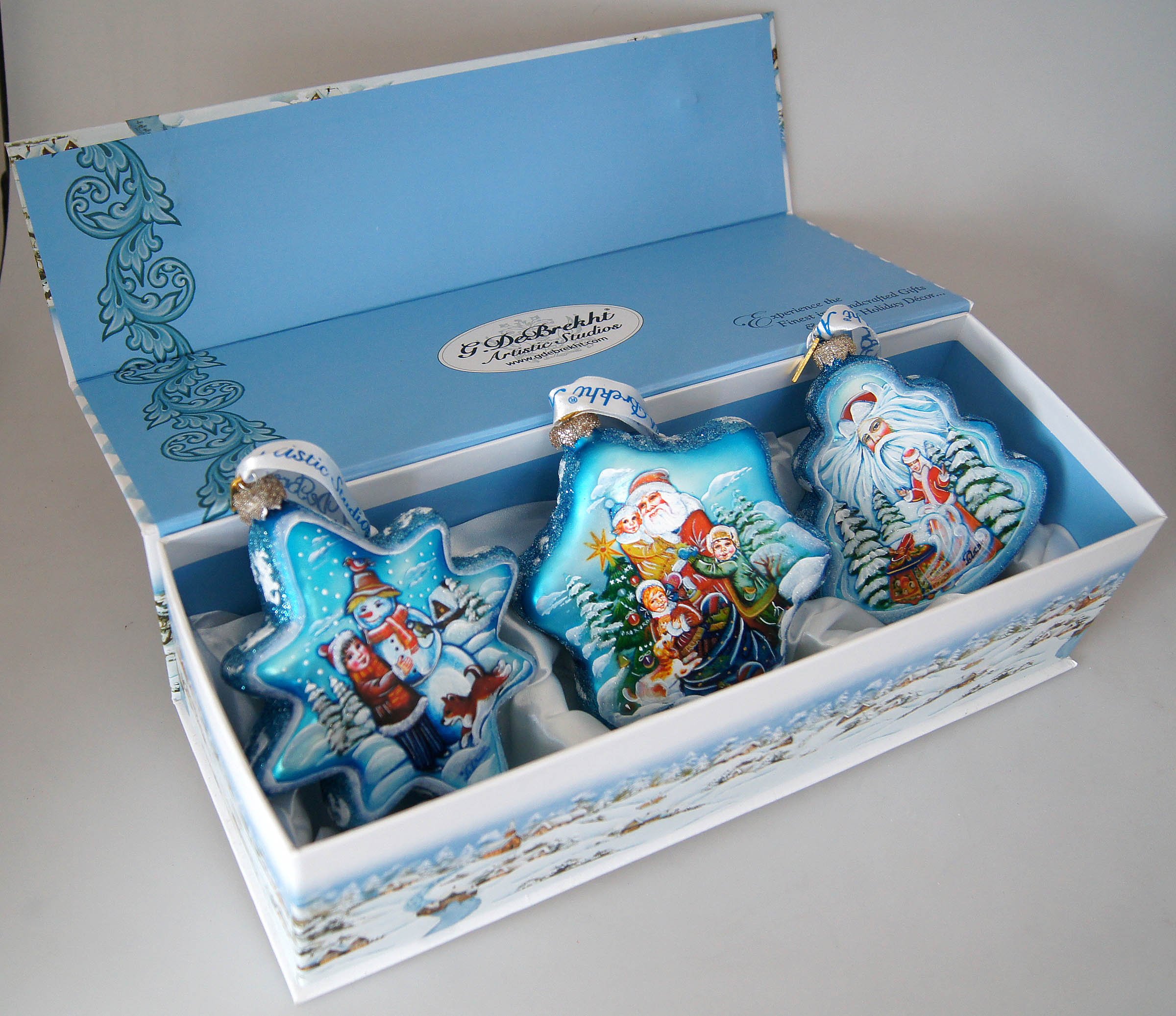 G. Debrekht Christmas Glass Ornaments Set of 3 - Elegant Blue Handmade Baubles for Holiday Tree Decorations | Perfect for Xmas, Home, Party & Gift Giving