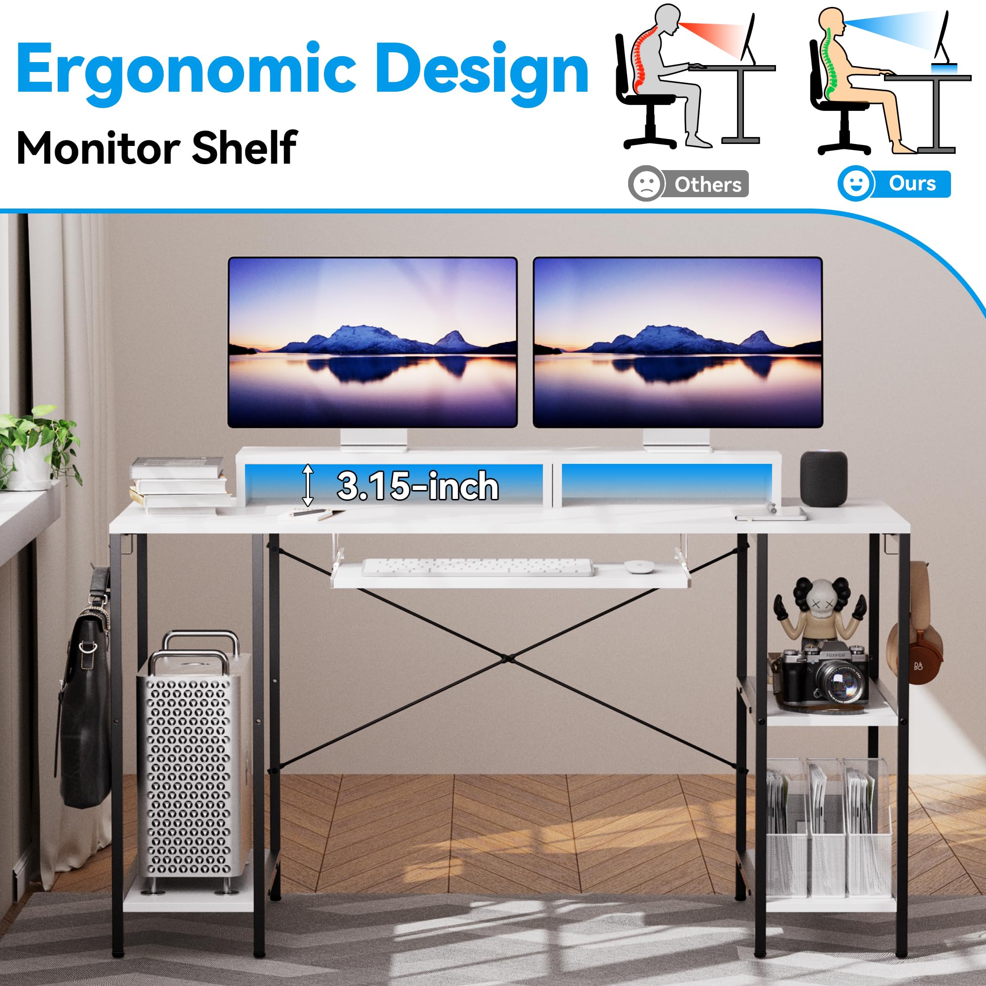 55 Inch Computer Desk with Keyboard Tray & Storage Shelves - Music Production Studio Desk with Monitor Stand & 4 Iron Hooks - Ergonomic Workstation for Home Office, Gaming & Music Production