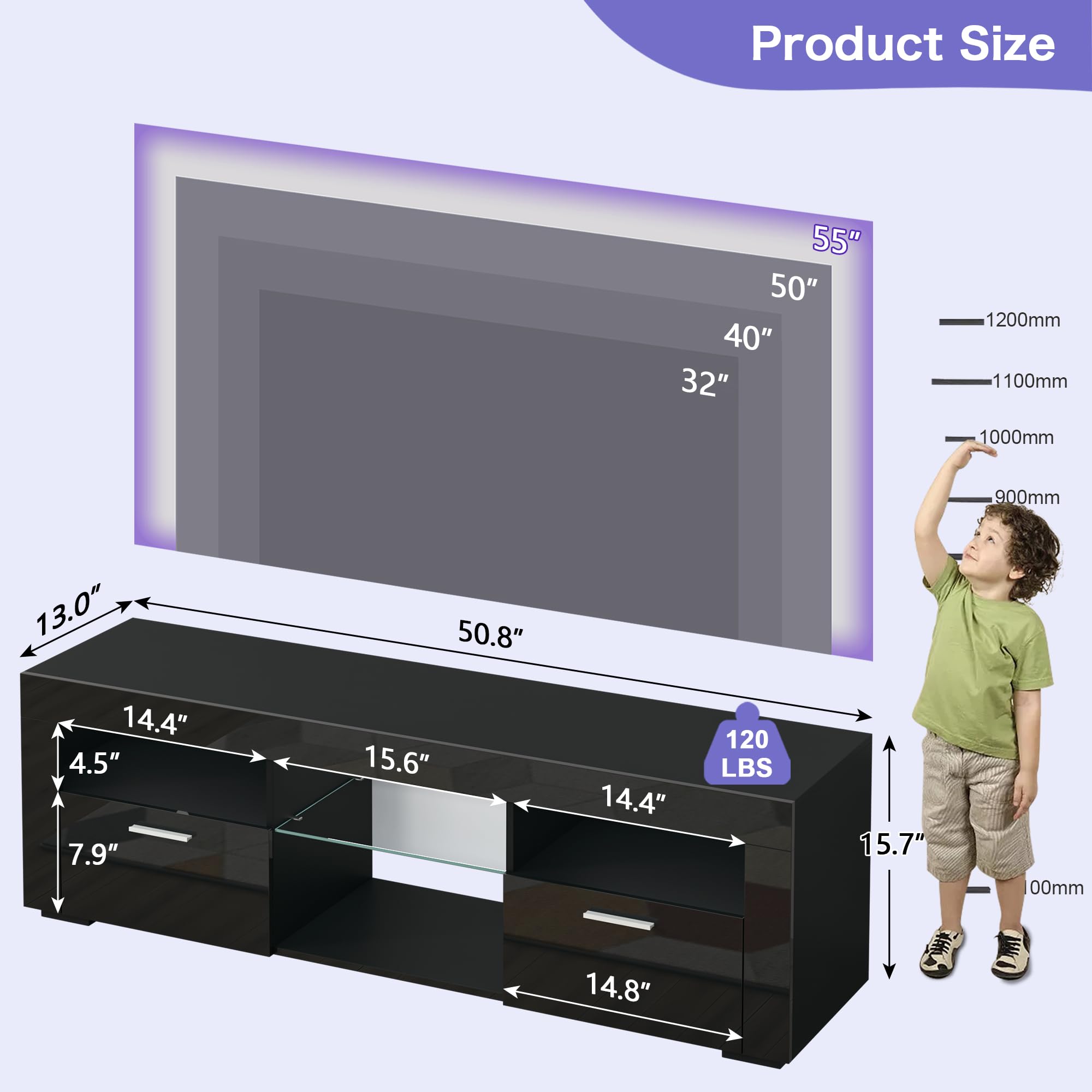55 Inch TV Stand with High-Gloss Finish - Modern Entertainment Center for 55
