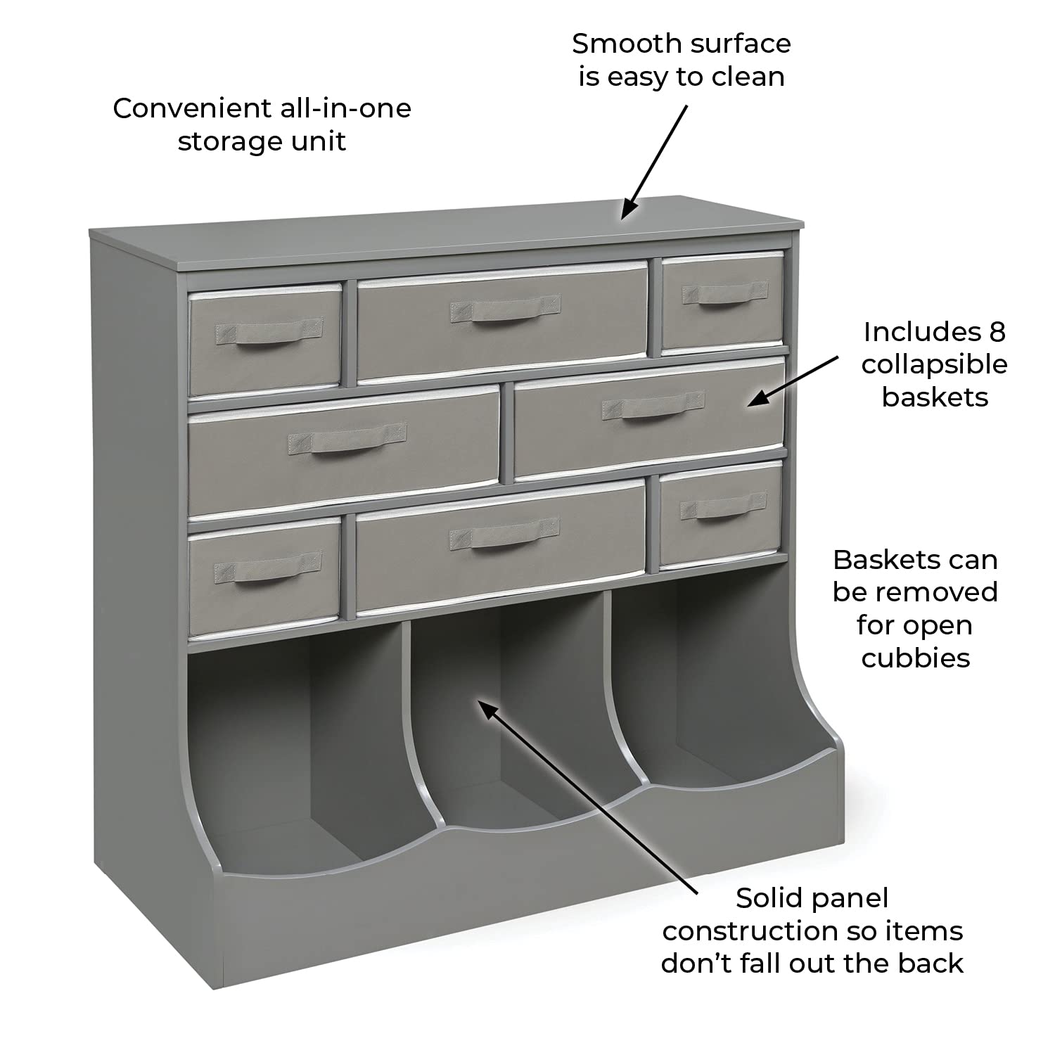Badger Basket 8-Cubby Kids Toy Storage Organizer with Reversible Fabric Bins - Gray Toy Box for Playroom, Nursery & Bedroom Organization