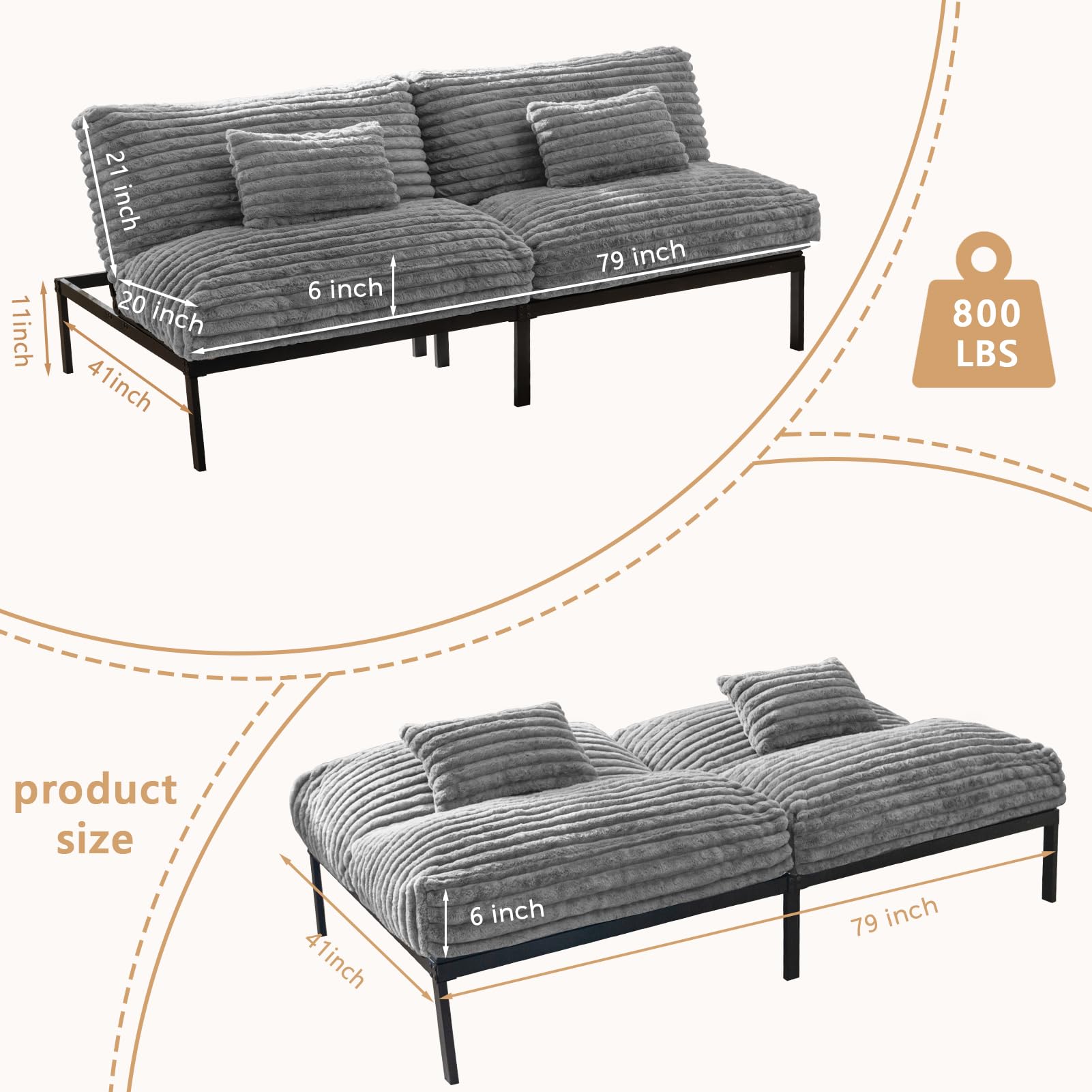 MAXYOYO Convertible Futon Sofa Bed - Grey Sleeper Couch for Small Spaces, Living Room, Guest Room & Dorm | Multi-Functional Foldable Futon for Lounging, Sleeping & Extra Seating