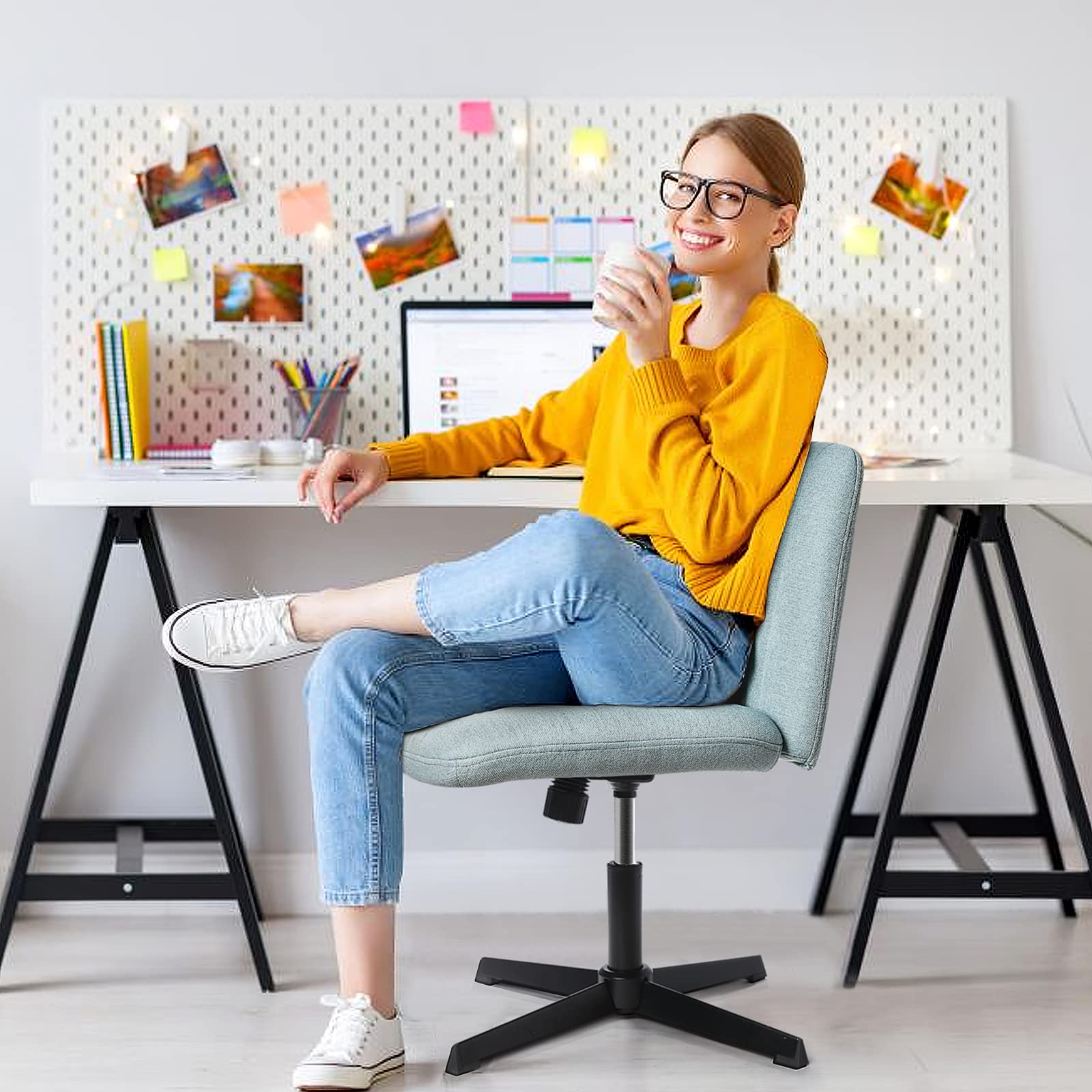 LEMBERI Ergonomic Fabric Padded Desk Chair - Armless Swivel Office Chair with 120° Rocking & Mid Back Support for Home Office, Computer Work, Makeup Vanity | Perfect for Small Spaces, Bedrooms & Compact Work Areas