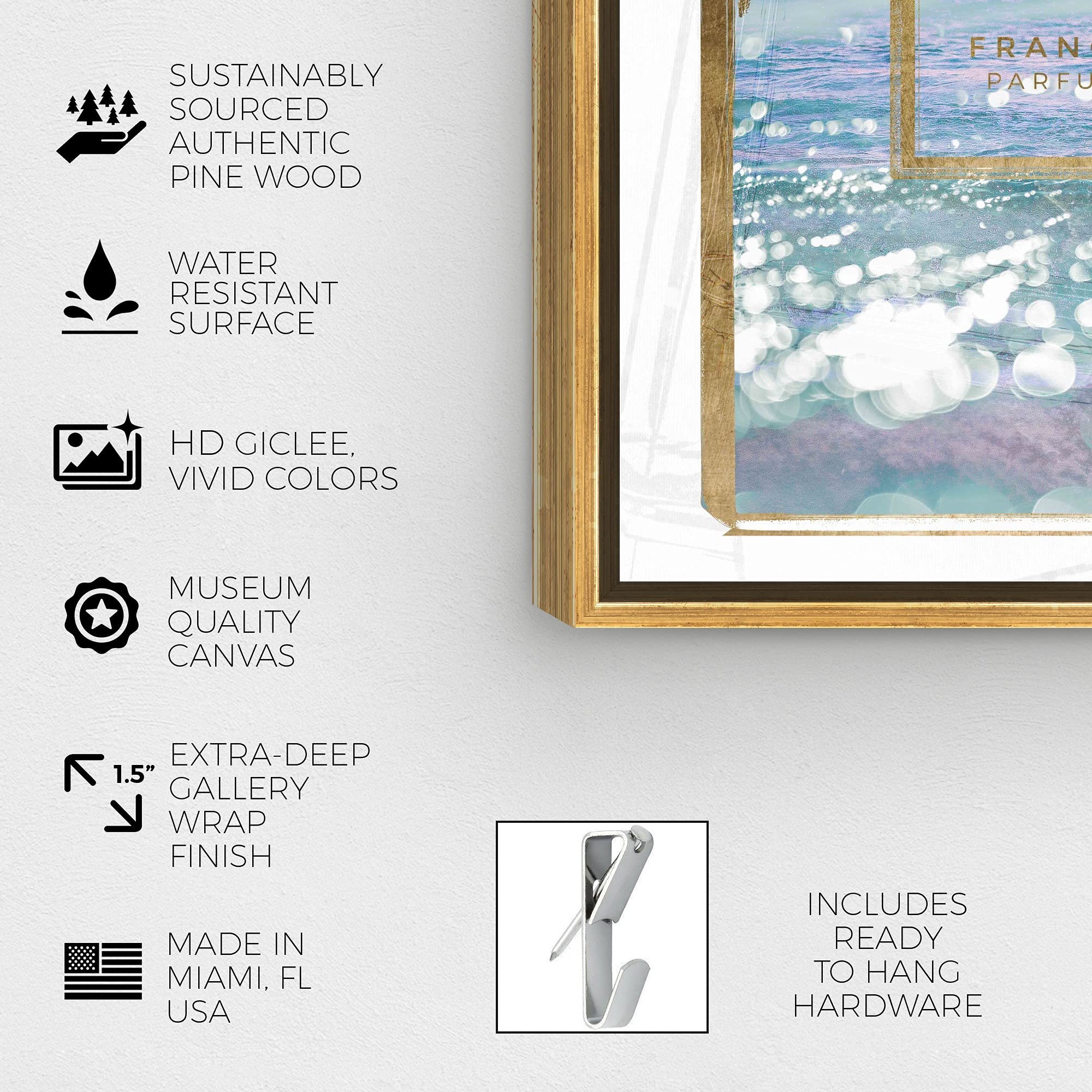 Oliver Gal Fashion & Glam Wall Art - Blush Ocean Spray Perfume Framed Canvas Print, 24x36 Inch Gold Floater Frame, Elegant Home Decor for Living Room, Bedroom & Office