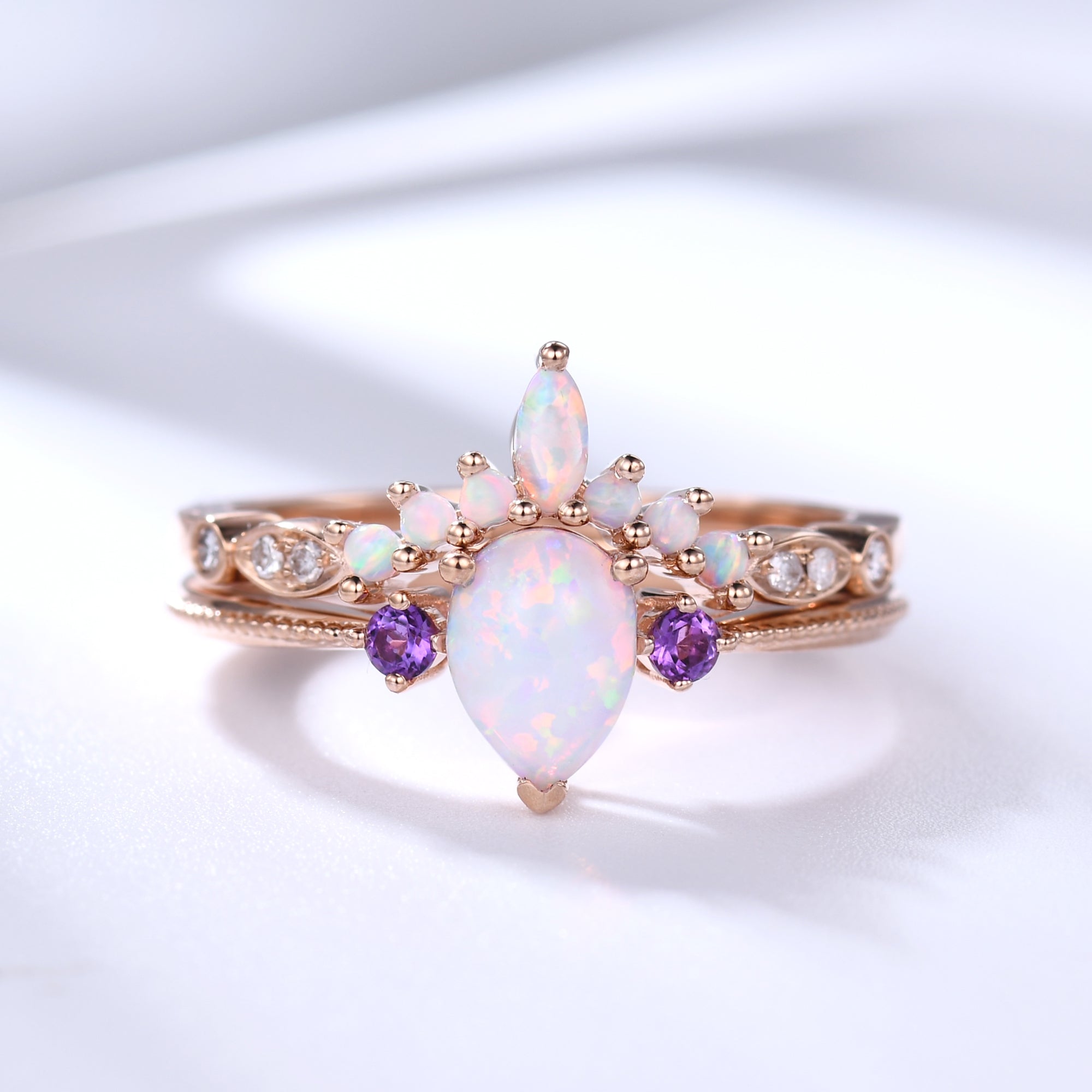 Exquisite Pear Opal Engagement Ring Set in Rose Gold with Amethyst Accents - Perfect for Wedding, Proposal & Anniversary Gifts