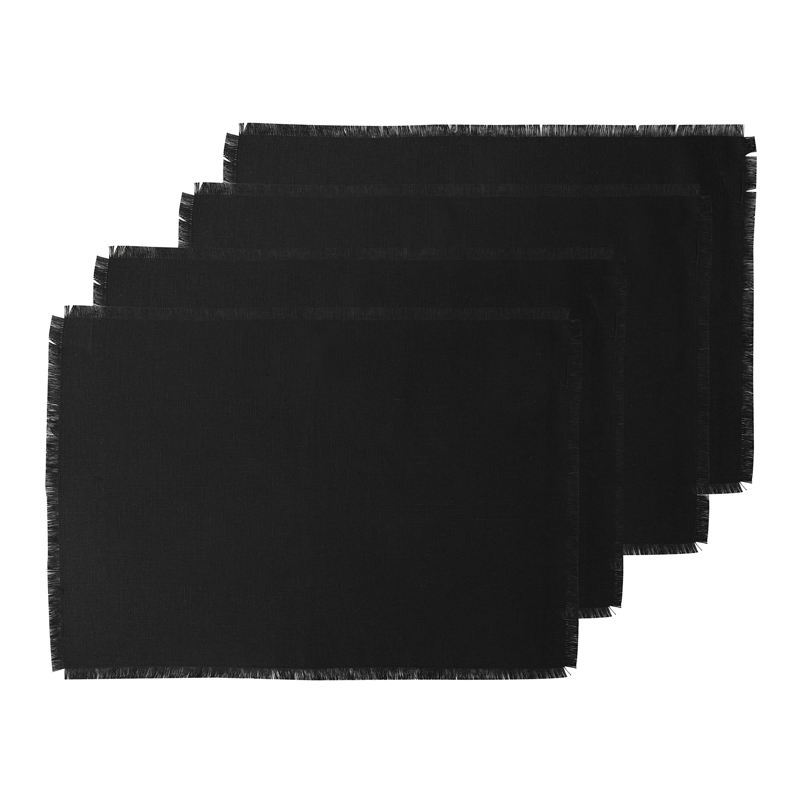 Premium Black Linen Halloween Placemats Set of 4 - 100% Pure European Flax Fabric 14x19 Inch Handcrafted Fringed Table Mats by Solino Home - Perfect for Spooky Dinner Parties, Fall Decor & Thanksgiving Table Setting