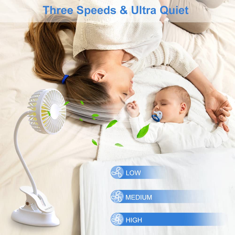 Clip on Fan Small Mini Fan - USB Rechargeable Portable Fan with 3 Speeds & Flexible Neck, Battery Powered Personal Desk Fan for Baby Stroller, Office, Car, Dorm, Camping & Beach - White | Perfect for Home, Travel & Outdoor Activities