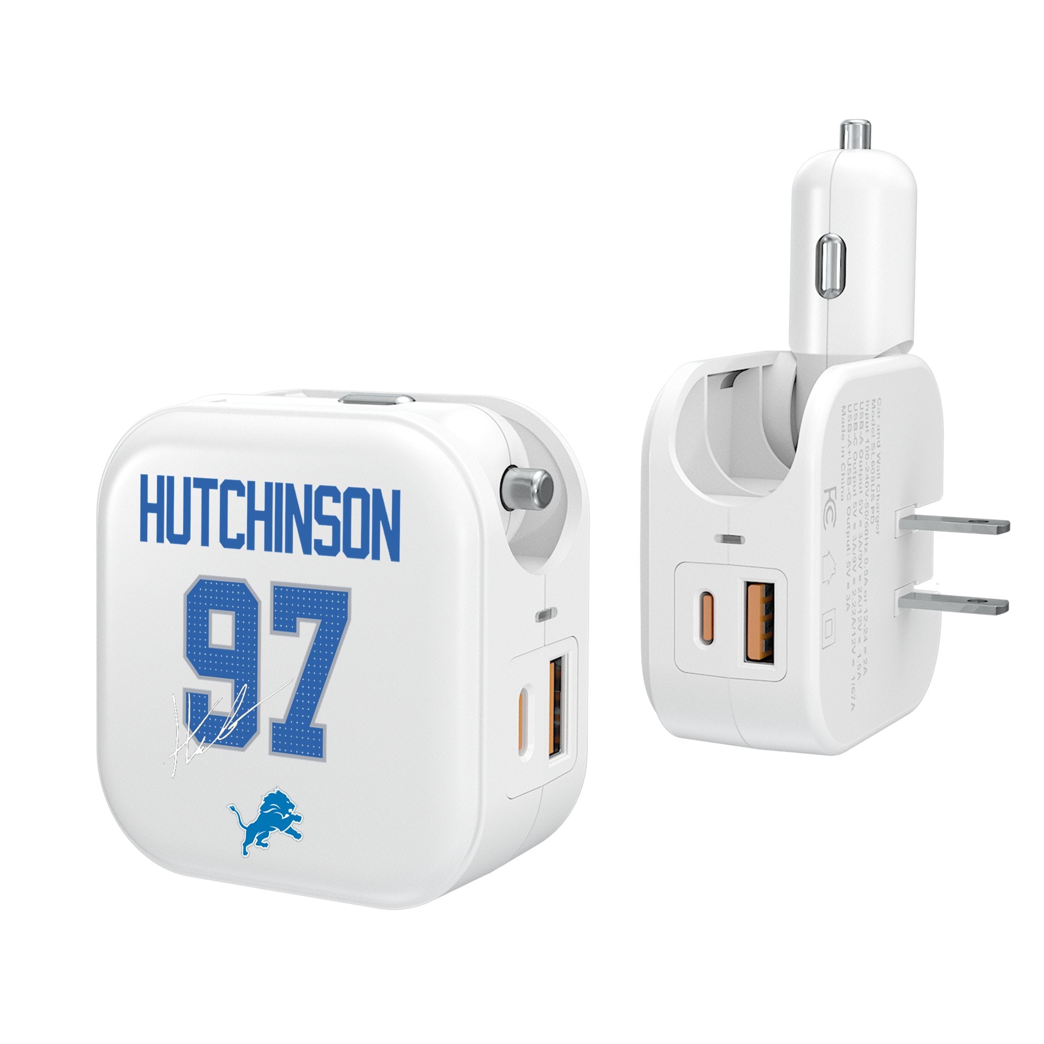 Aidan Hutchinson Detroit Lions 97 Ready 2 in 1 USB Charger - Fast Charging Cable for iPhone & Android - Perfect for Home, Office & Travel