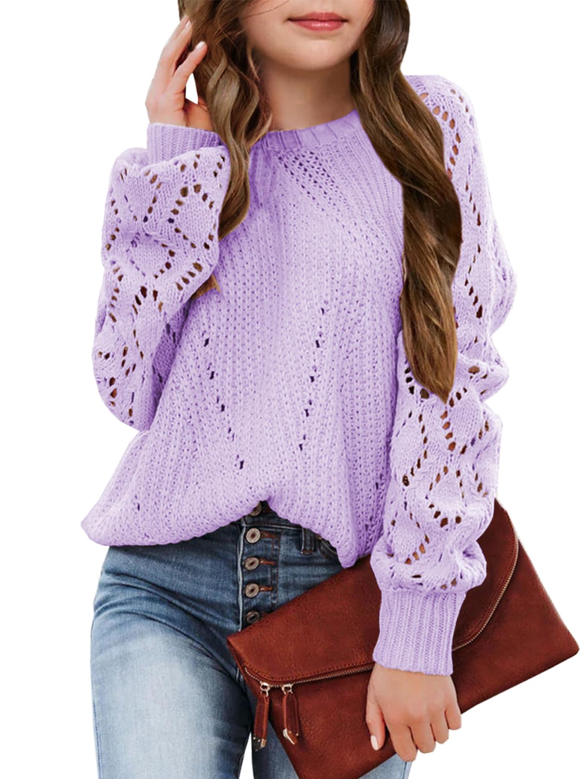 Girls Crochet Long Sleeve Crewneck Pullover Sweater - Soft Knit Jumper Top for Kids Fall & Winter - Cozy School Outfits, Holiday Dressing & Casual Wear