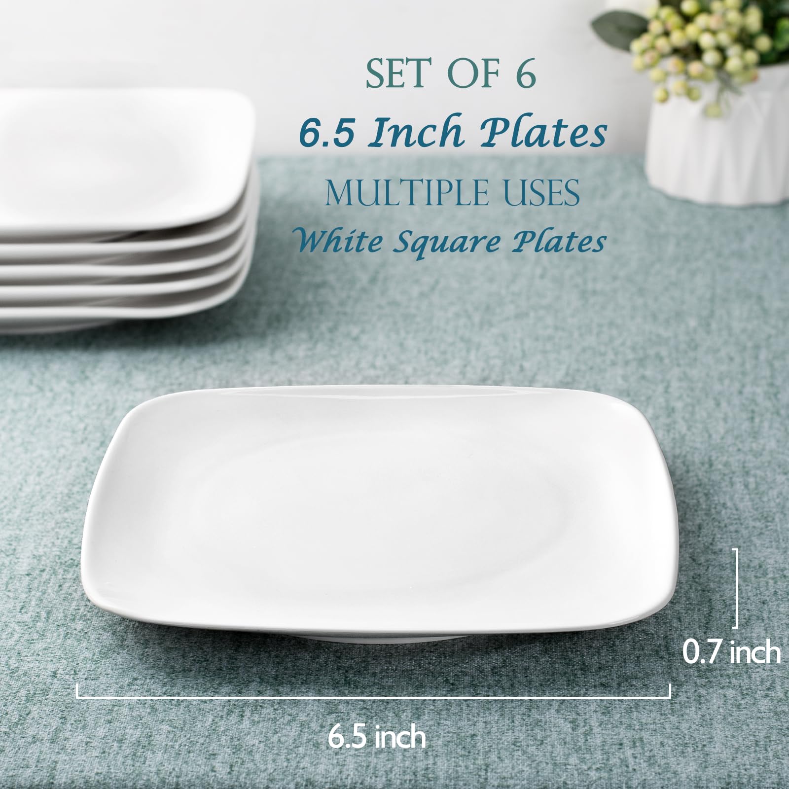 DELLING 6.5 Inch White Ceramic Square Appetizer Plates Set of 6 - Small Dessert Plates for Snacks, Side Dishes & Party Serving - Perfect for Dinnerware, Kitchen Use & Entertaining Guests