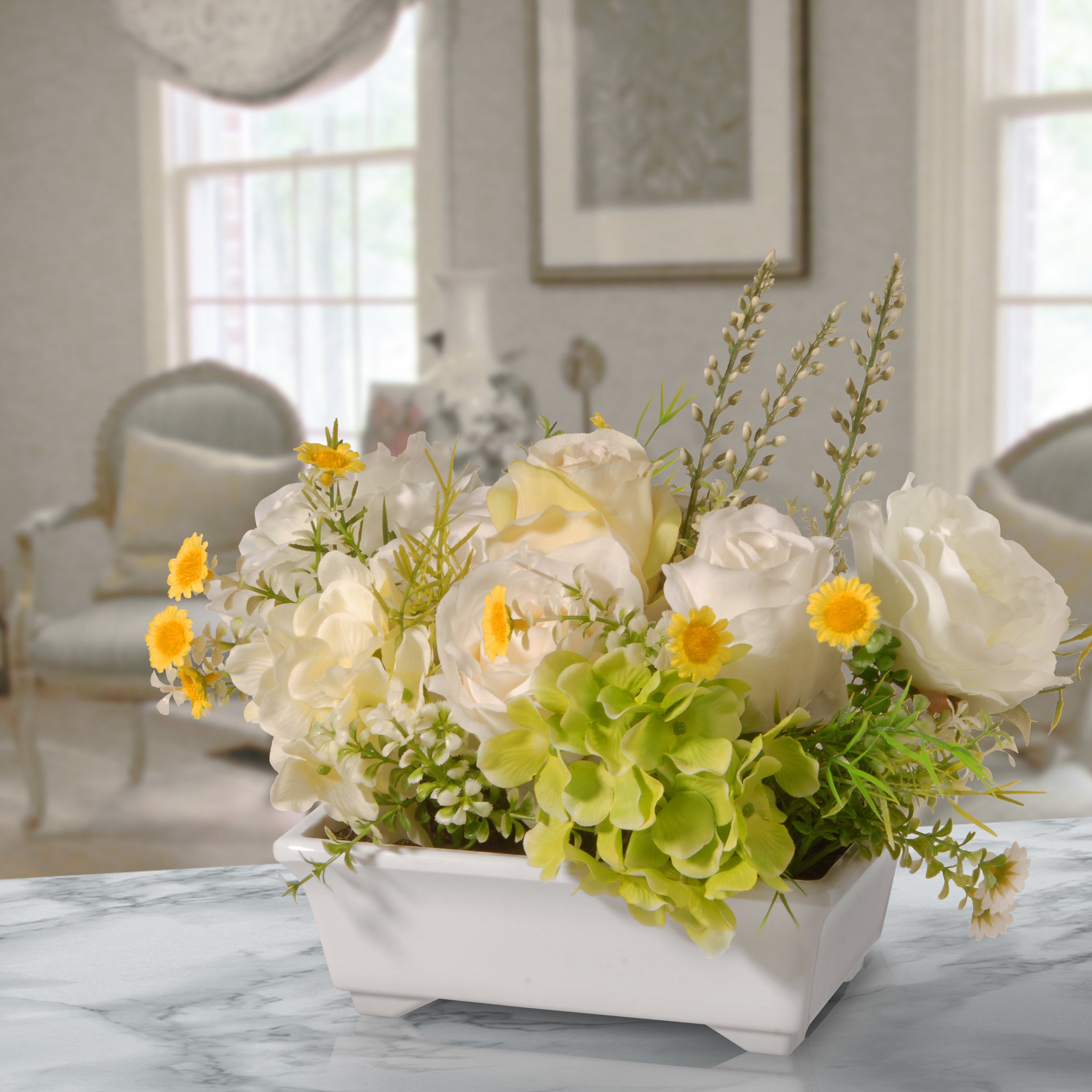 7 Inch Artificial Spring White Hydrangea and Rose Flowers in White Pot - Home Decor, Wedding Centerpiece, Office Desk Decor, Gift Idea