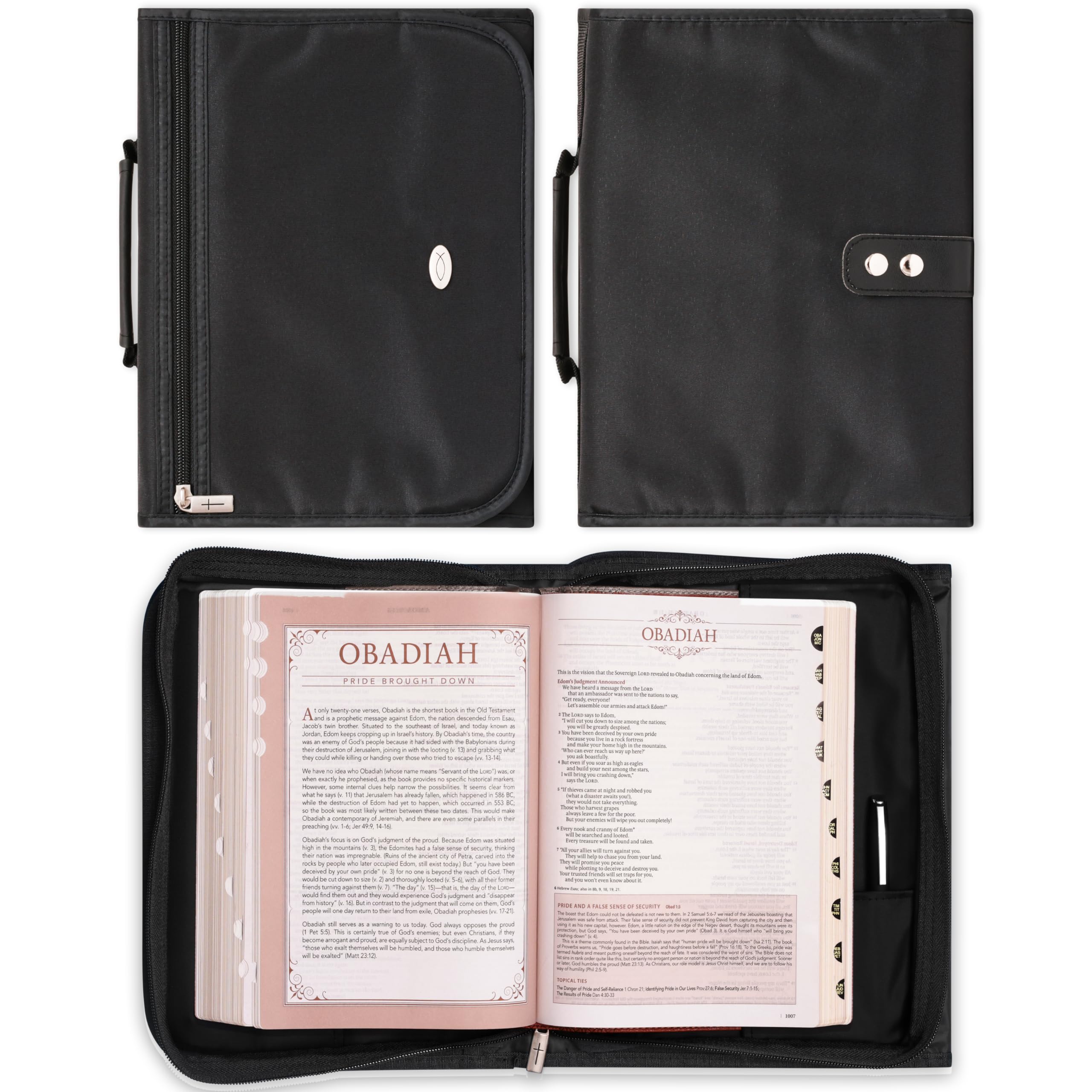 Christian Bible Cover for Men & Women - Black Microfiber Tri-Fold Organizer with Jesus Fish Emblem | Large Zippered Case for Bible Study, Church & Travel