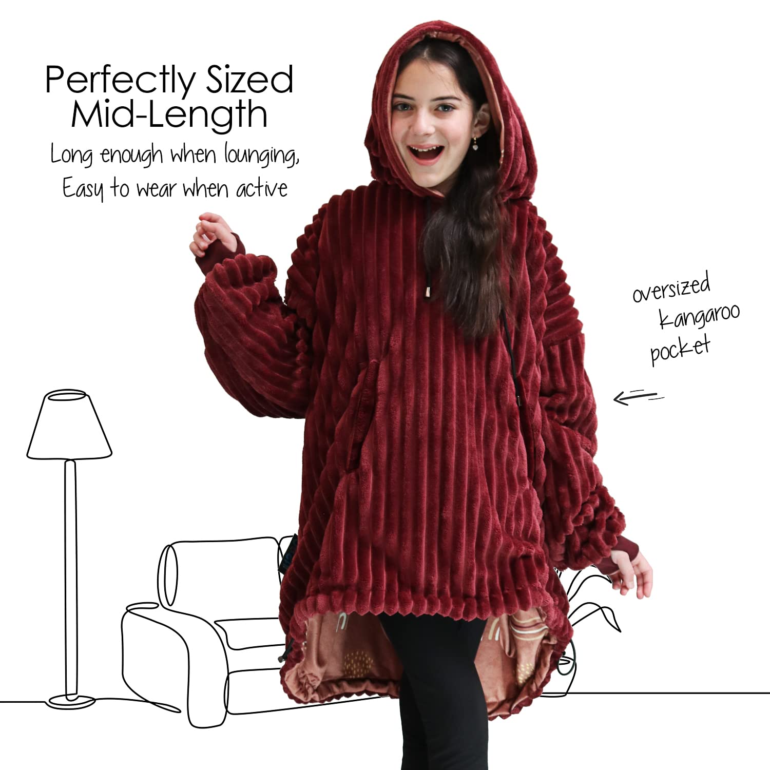 Nestl Kids Wearable Blanket Hoodie - Reversible Plush Microfiber Oversized Hooded Sweatshirt Blanket for Boys & Girls (Burgundy/Rainbow) | Warm Cozy Fleece Lounge Wear for Sleepovers, Movie Nights & Winter Comfort