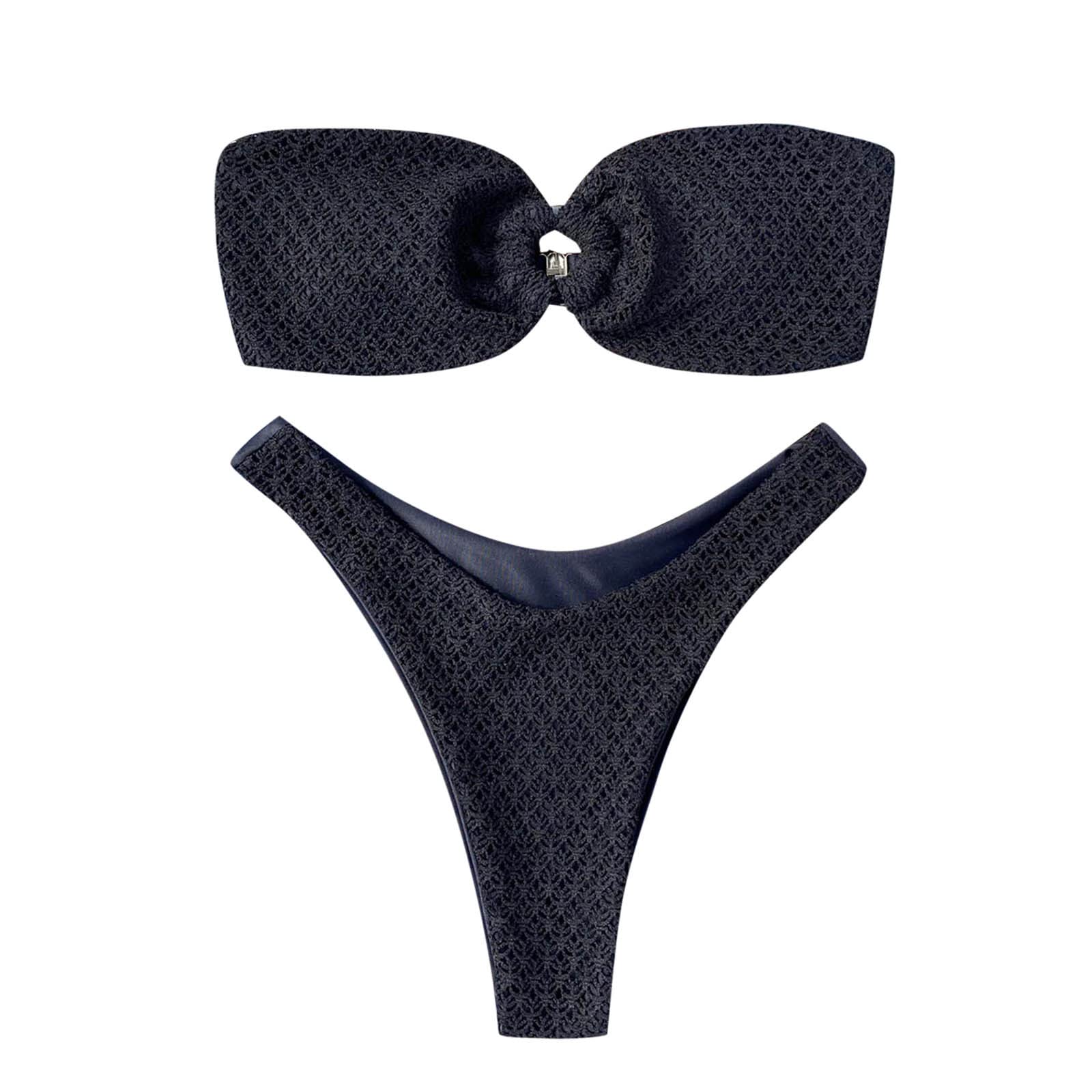 FEDULK Women's Bandeau Bikini Set - Off Shoulder Ring Strapless Crinkle Fabric Swimwear 2 Piece Bathing Suit for Beach, Pool & Summer Vacation