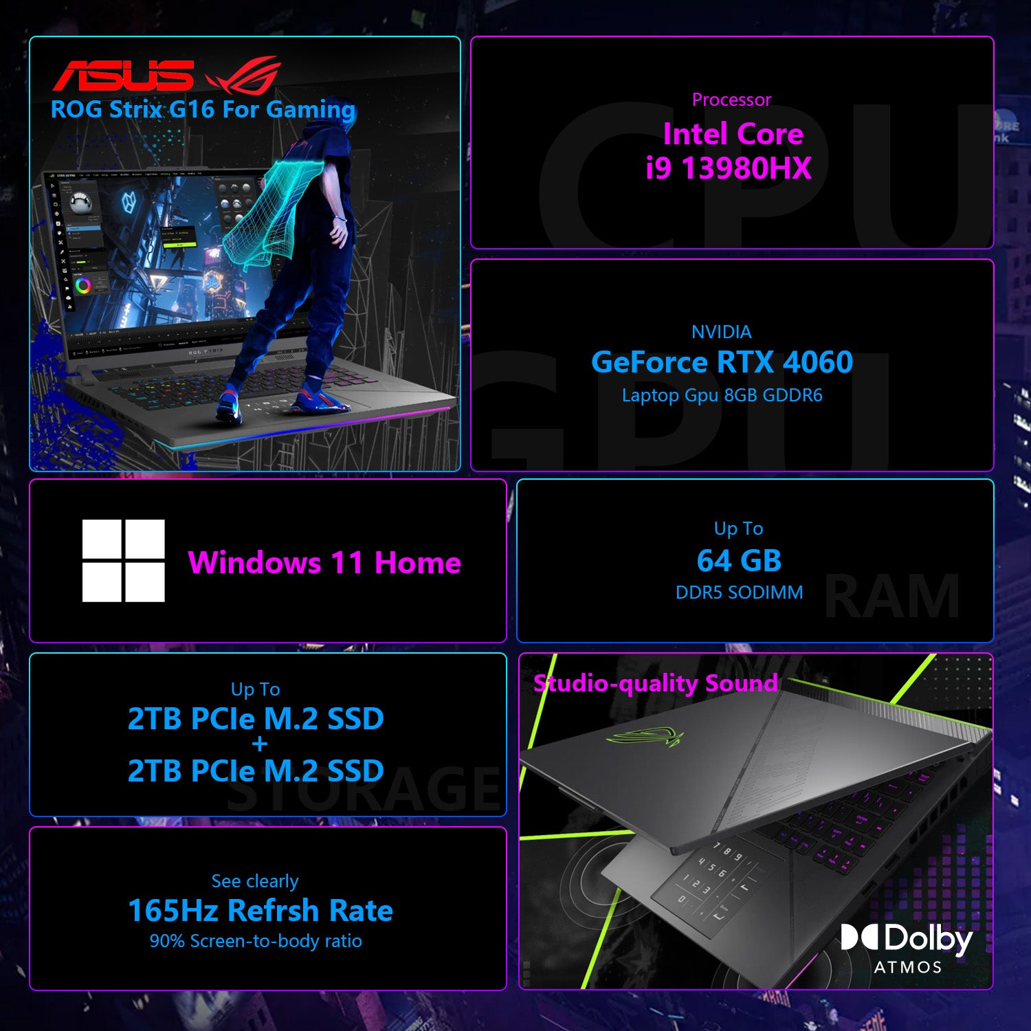 ASUS ROG Strix 16 Gaming Laptop - Intel Core i9 Processor, 16GB RAM, NVIDIA GeForce RTX 4060 GPU, 1TB SSD, Windows 11 Home, 165Hz Display - Perfect for High-Performance Gaming, Streaming & Content Creation