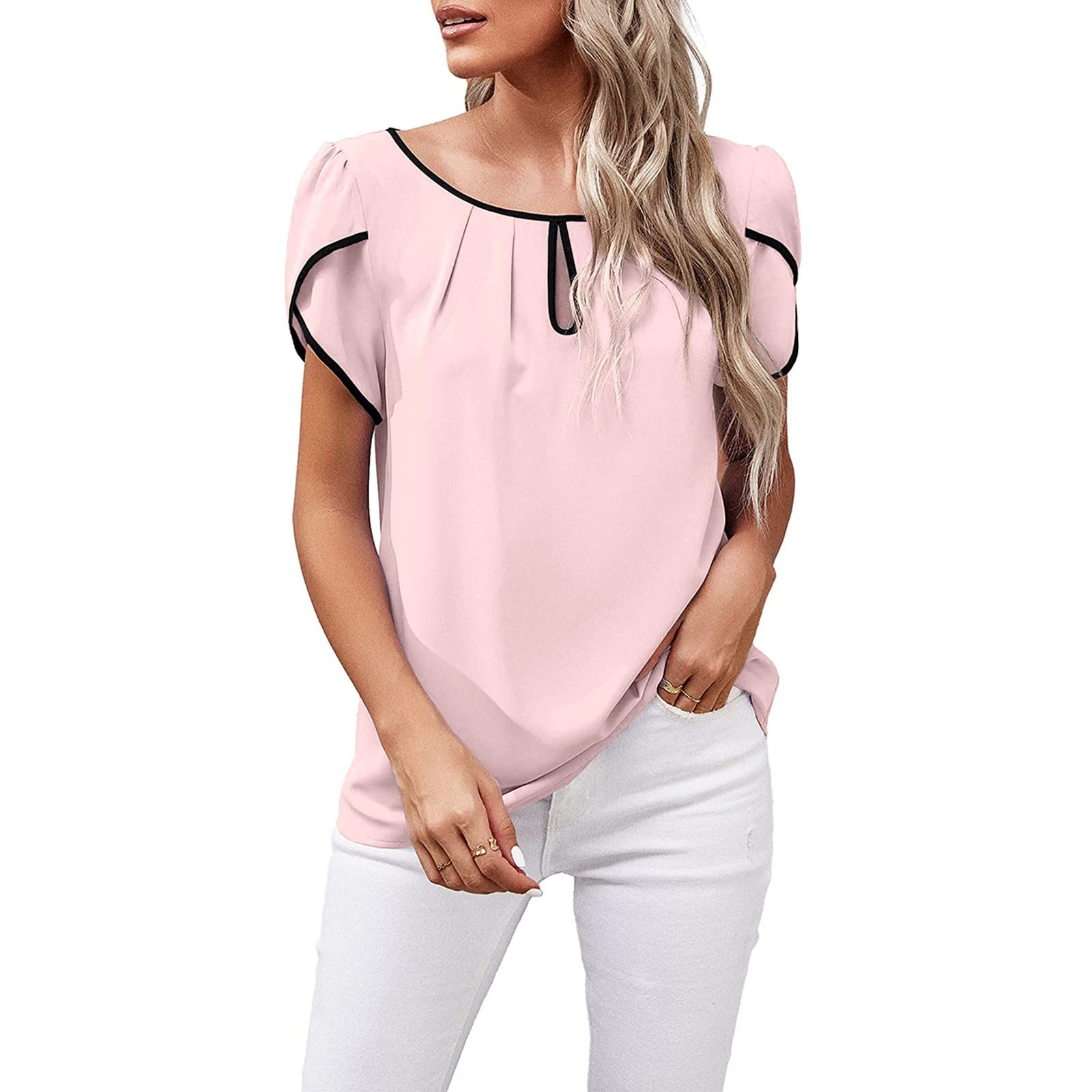 GOKKILRW Women's Casual Summer Blouse - Petal Cap Sleeve Keyhole Round Neck Loose Shirt, Elegant Work Tunic Top for Office & Outdoor | Breathable & Stylish Summer Wear for Women
