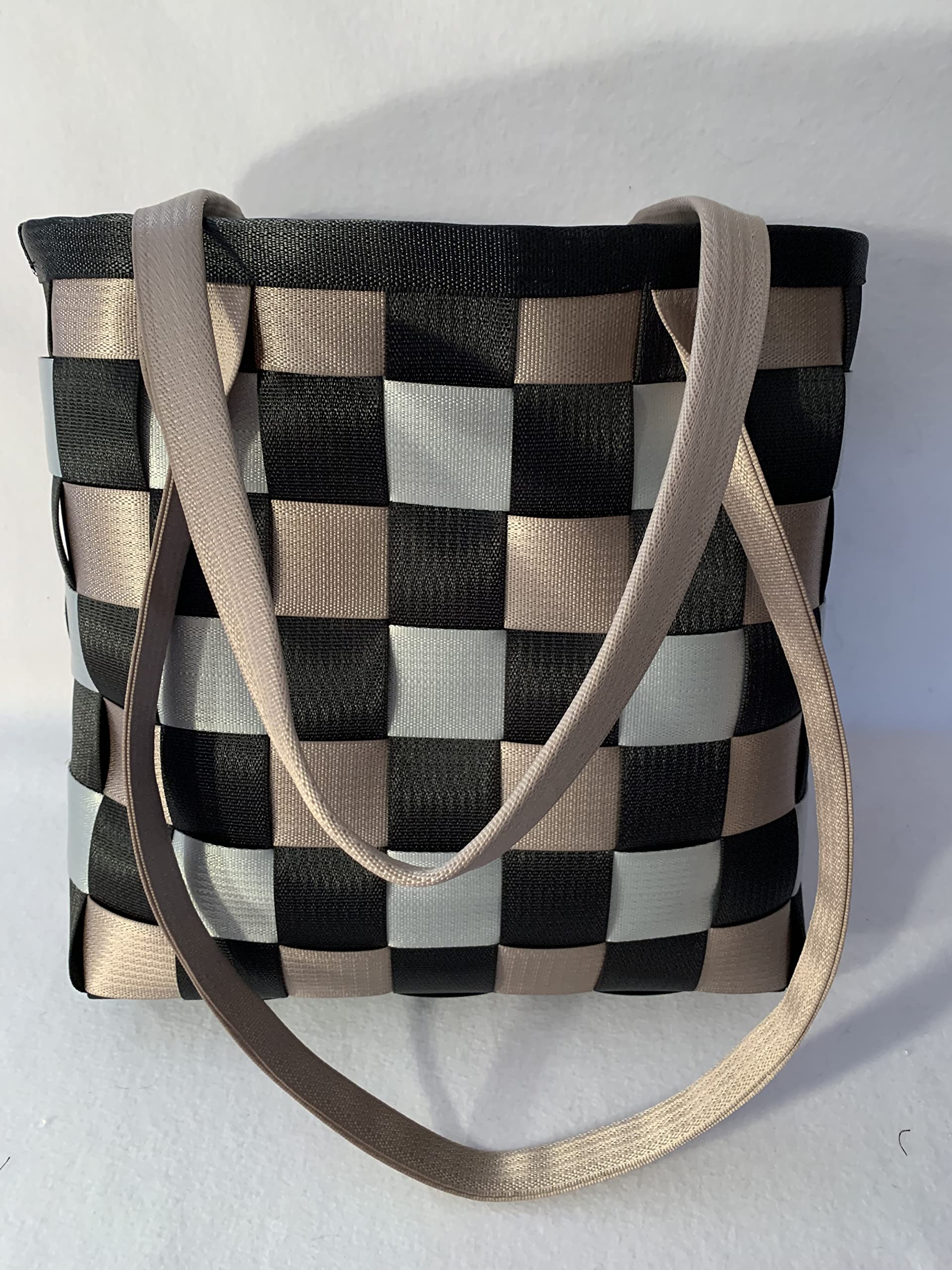Large Seat Belt Tote Bag - Black/Silver/Tan Weave Style - Extra Large Durable Washable Handbag for Women - Perfect for Work, Travel & Everyday Use