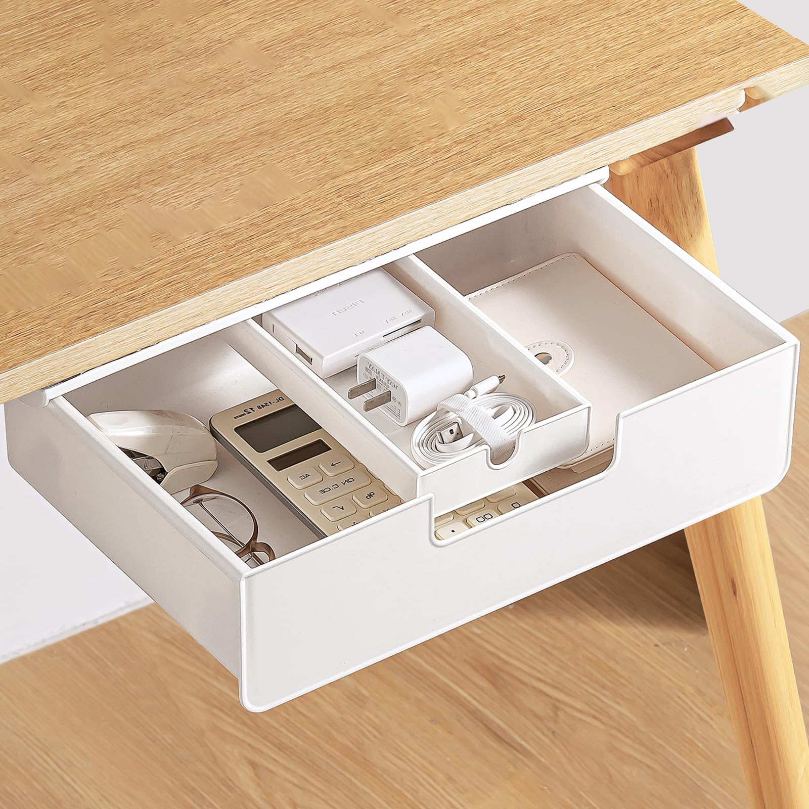 Under Desk Drawer Organizer - Slide Out Hidden Storage Tray with 2 Installation Methods (Screw/Adhesive) - White Space Saving Cabinet Drawer for Office & Home Workspace - Perfect for Storing Stationery, Files & Small Office Supplies