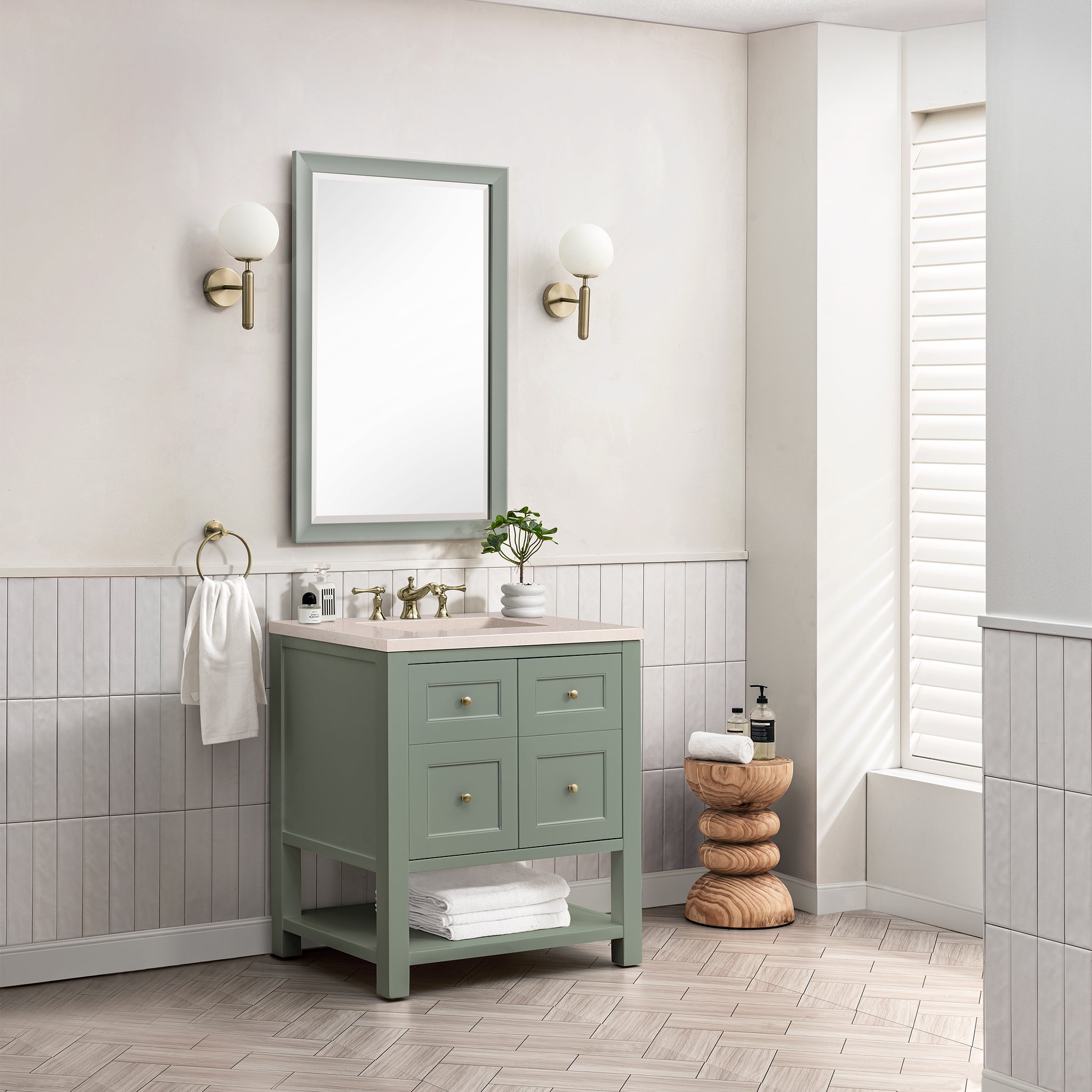 Breckenridge 30 Inch Single Bathroom Vanity with Smokey Celadon Finish & 3CM Eternal Marfil Stone Top - Perfect for Modern Master Bathrooms and Powder Rooms