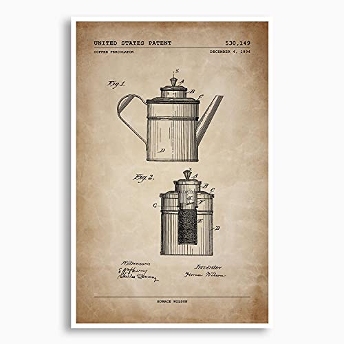 Vintage Coffee Percolator Patent Poster - Retro Kitchen Wall Art Decor, Unique Gift Under $20 for Coffee Lovers, Home Barista & Office Decor