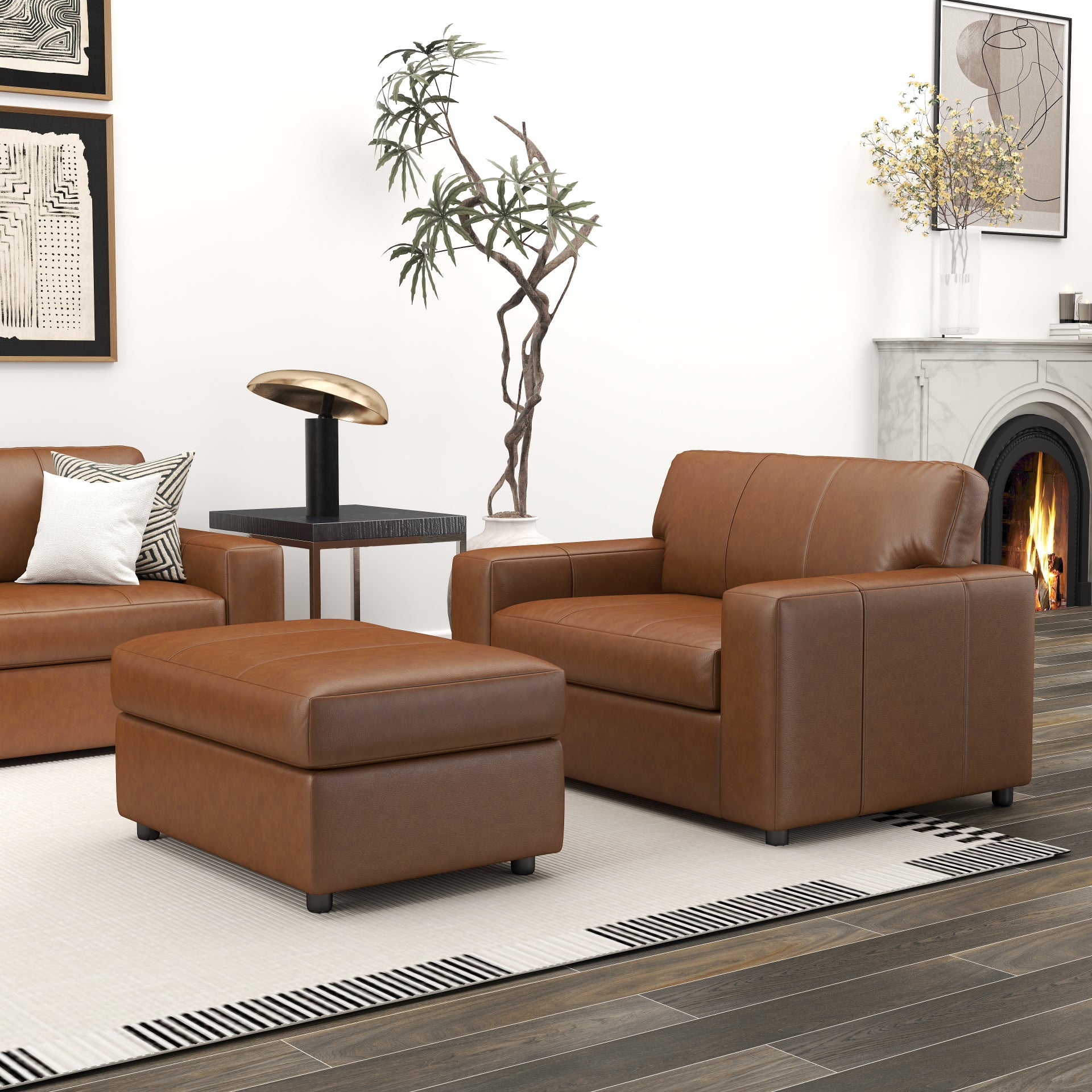 Roundhill Furniture Sakan Genuine Leather Upholstered Living Room Set - Sofa, Loveseat & Chair - Modern Sectional Couch for Home Theater, Family Room & Lounge Areas