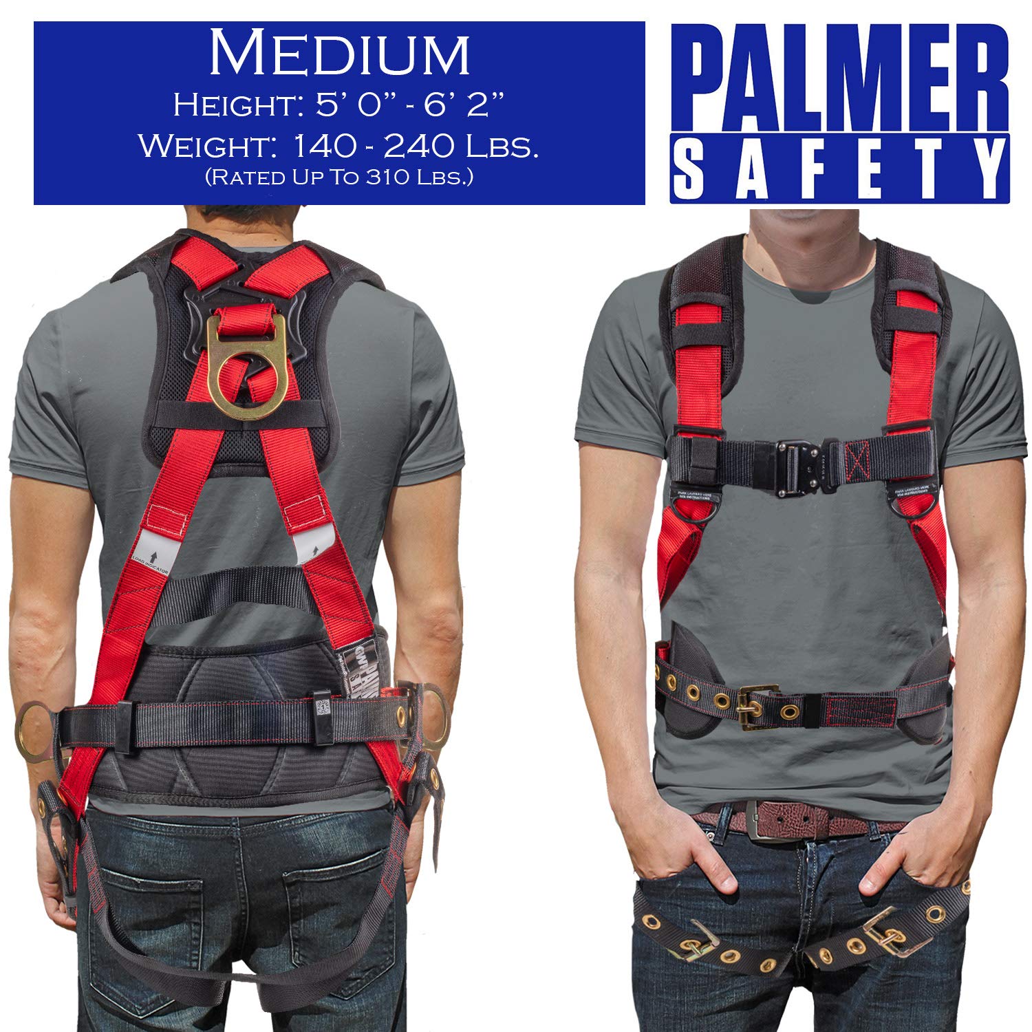 Palmer Safety Fall Protection Hammerhead Kit - 5 Point Safety Harness, 6ft Double Leg Lanyard, 18in D-Ring Extender (Red, Medium) | OSHA Compliant Construction & Roofing Safety Gear