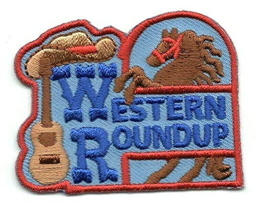 Western Roundup Iron On Patch - Cowboy, Horse & Rodeo Embroidered Badge for Denim Jackets, Hats & Bags - Perfect for Western Theme Parties, Country Music Festivals & Southwest Decor