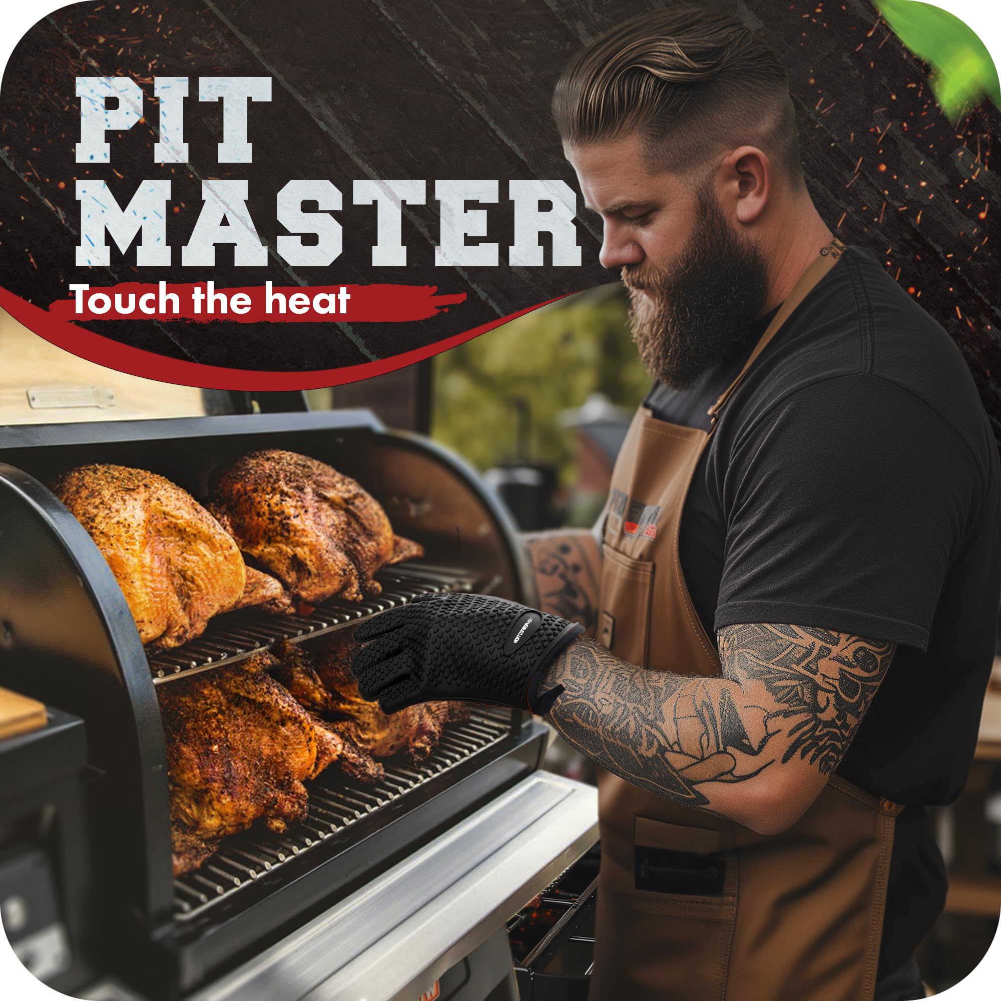 KITCHEN PERFECTION Heat Resistant Silicone BBQ Gloves for Smoker, Oven & Grill - Waterproof Oven Mitts for Extreme Temperatures - Premium Value Set with 3 Bonus Accessories - Perfect for Smoking, Grilling, Frying & Outdoor Cooking