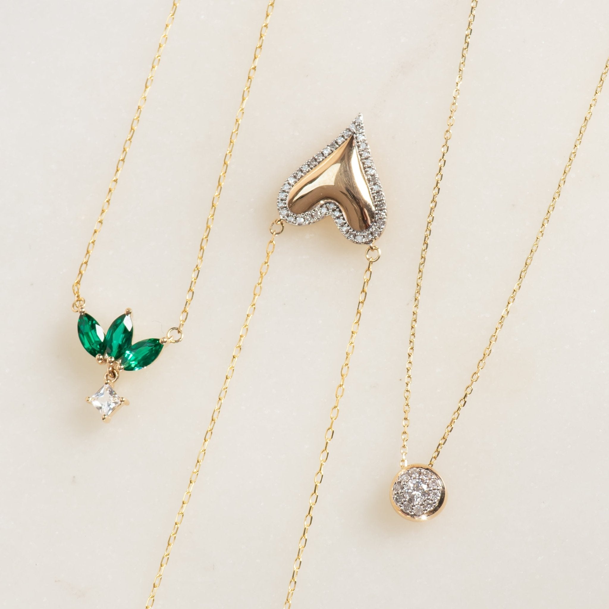 10k Yellow Gold Emerald Marquise & Princess Cut White Sapphire Dangle Necklace - Elegant Floral Pendant for Women, Perfect for Weddings, Anniversaries & Special Occasions