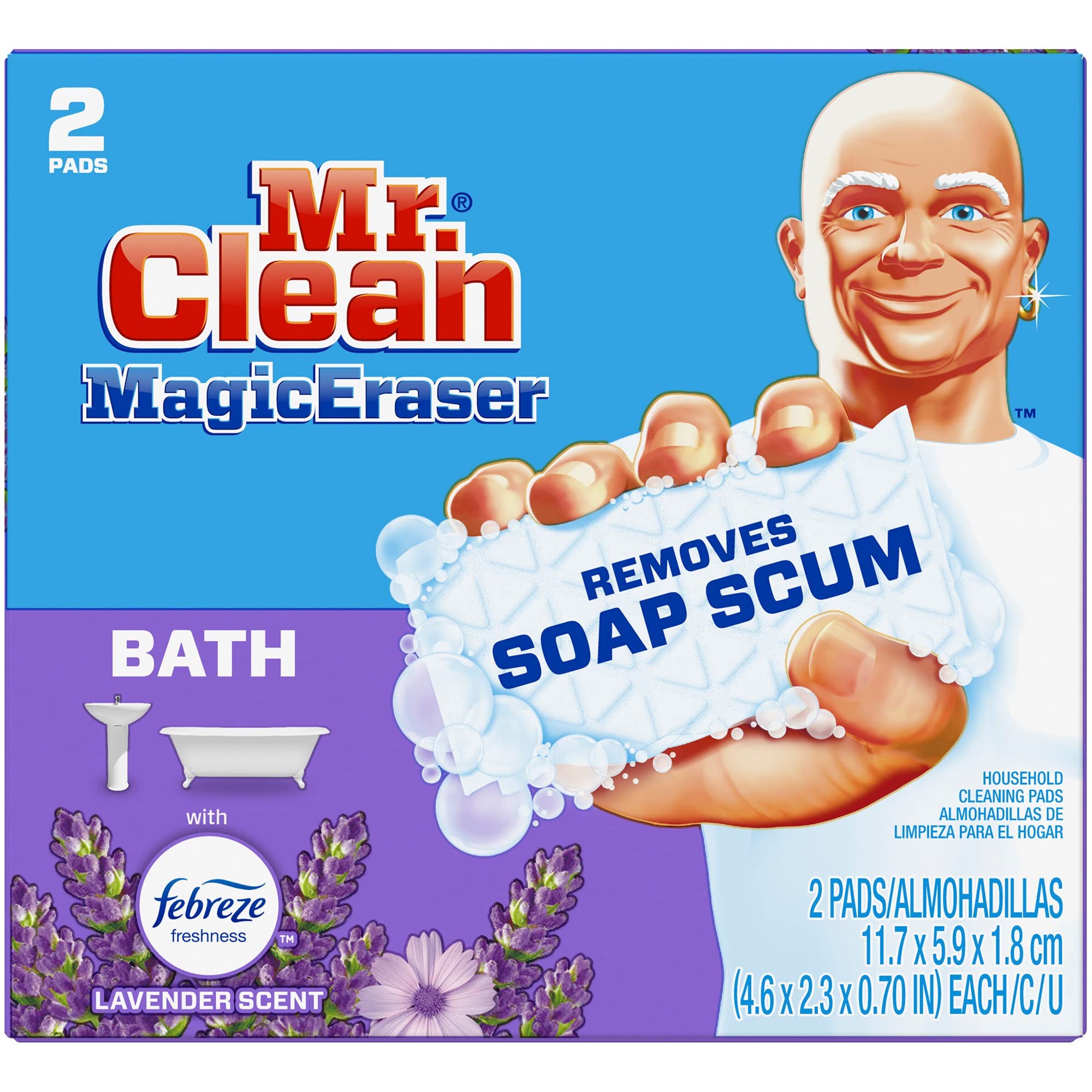 Mr. Clean Magic Eraser Bath with Febreze Lavender Scent - Extra Durable Cleaning Pads for Bathroom, Kitchen & Tile (2 Count) - Remove Tough Stains & Soap Scum Effortlessly