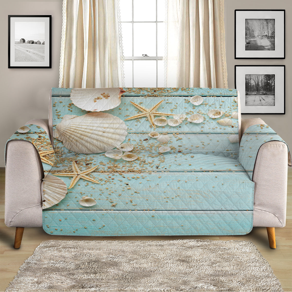 Stylish Coastal Sofa Cover - Waterproof & Stretchable Couch Protector for Pets, Kids - Perfect for Living Room, Beach House Decor