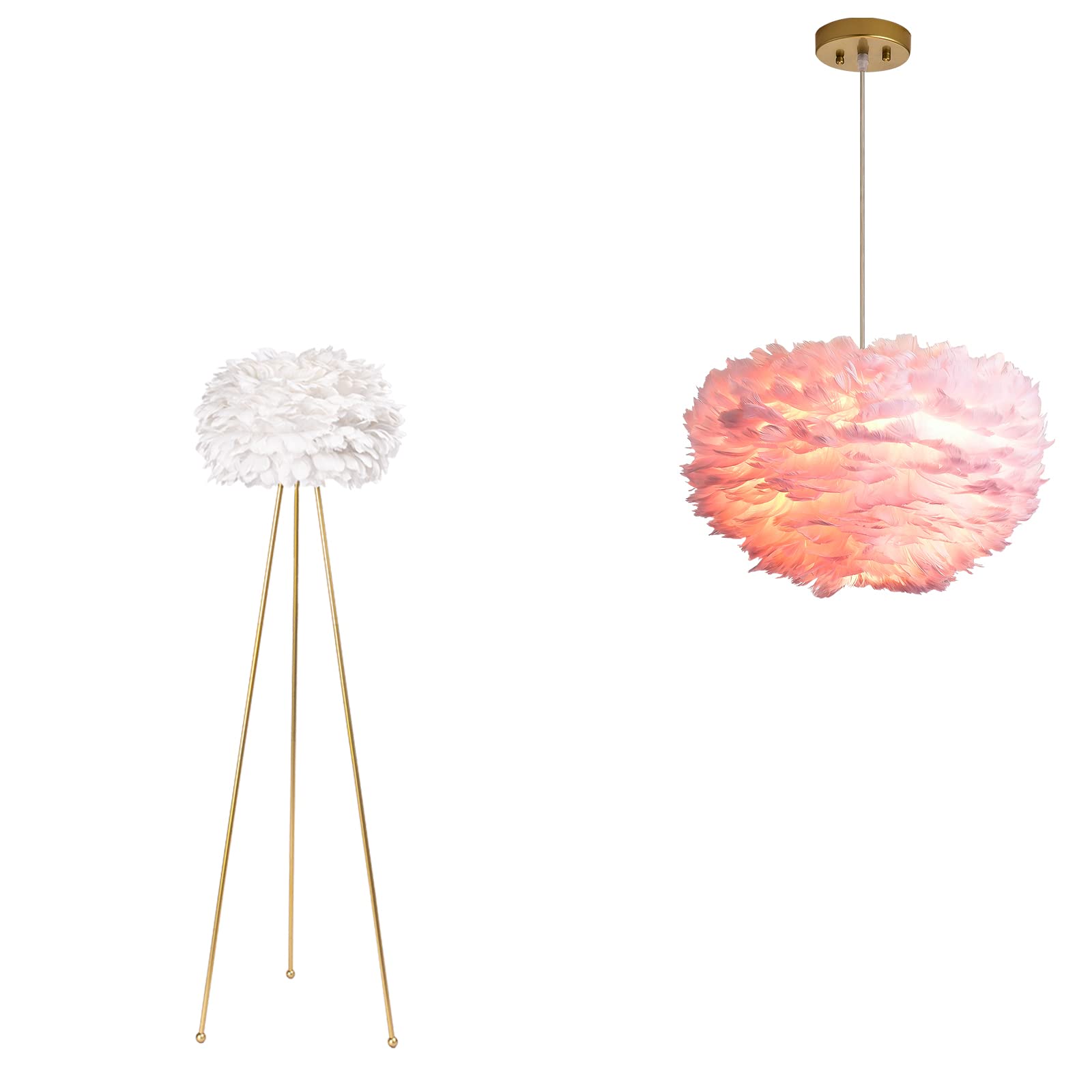 Maxax White Feather Floor Lamp with 3-Light Pink Feather Chandelier - Elegant Lighting for Living Room, Bedroom & Wedding Decor