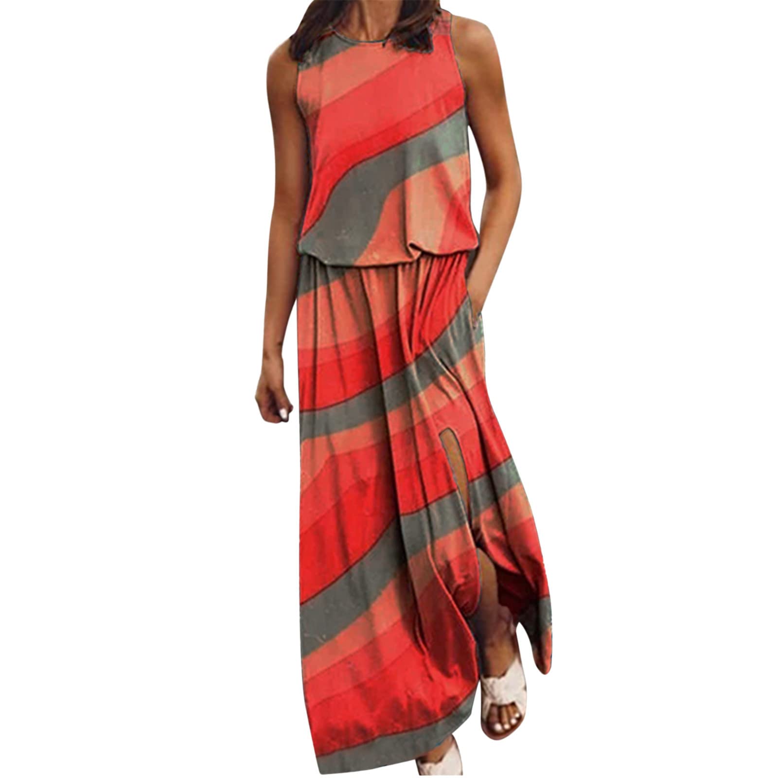Petite Maxi Dresses for Women - Summer Sleeveless O-Neck Long Dress with Side Slit & Long Sleeve Options | Perfect for Beach Vacations, Date Nights & Casual Outings