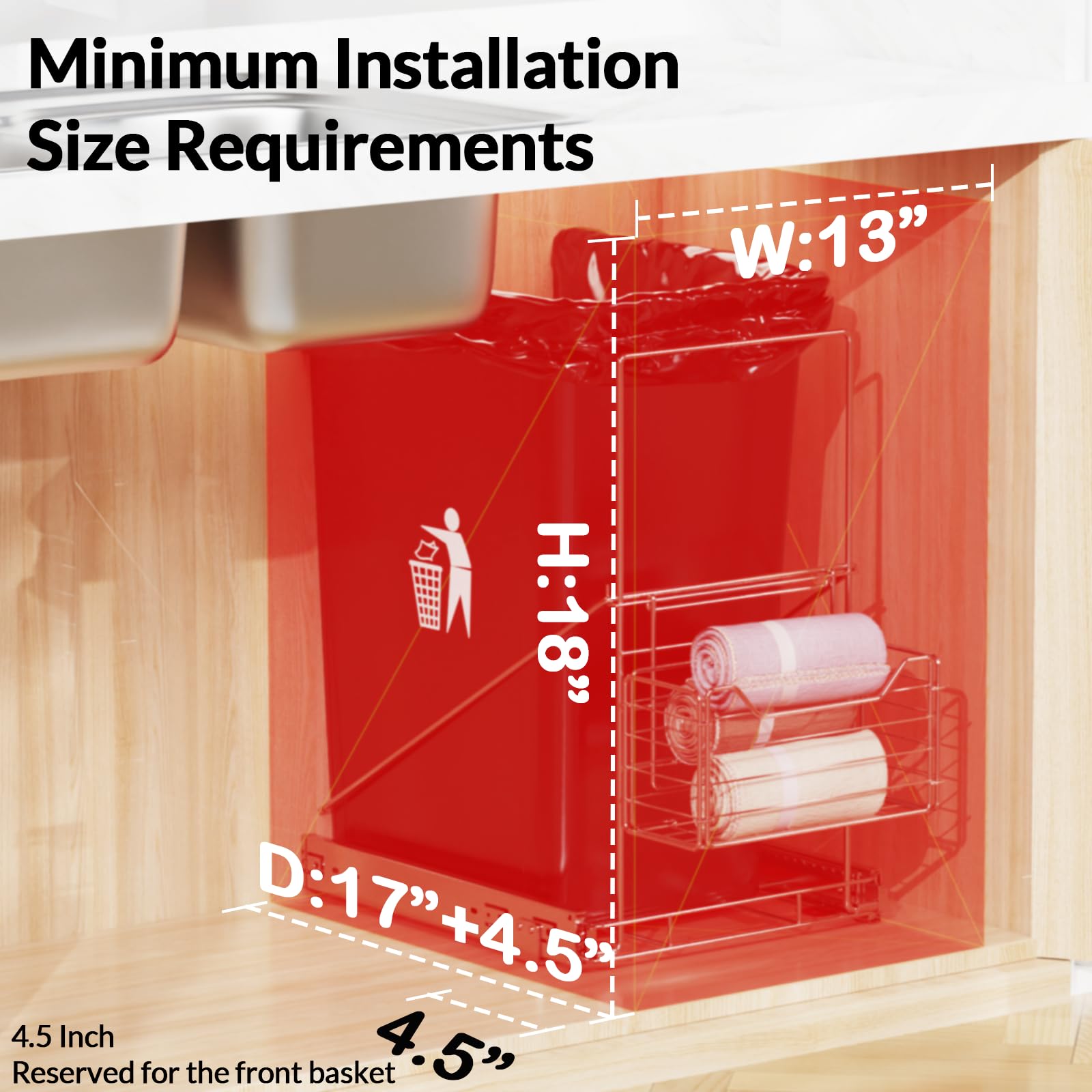 Under Sink Pull Out Trash Can Shelf - Adjustable & Space Saving Cabinet Organizer for 7-11 Gallon Bins with Removable Front Basket (Trash Can Not Included) | Perfect Kitchen Storage Solution for Small Spaces
