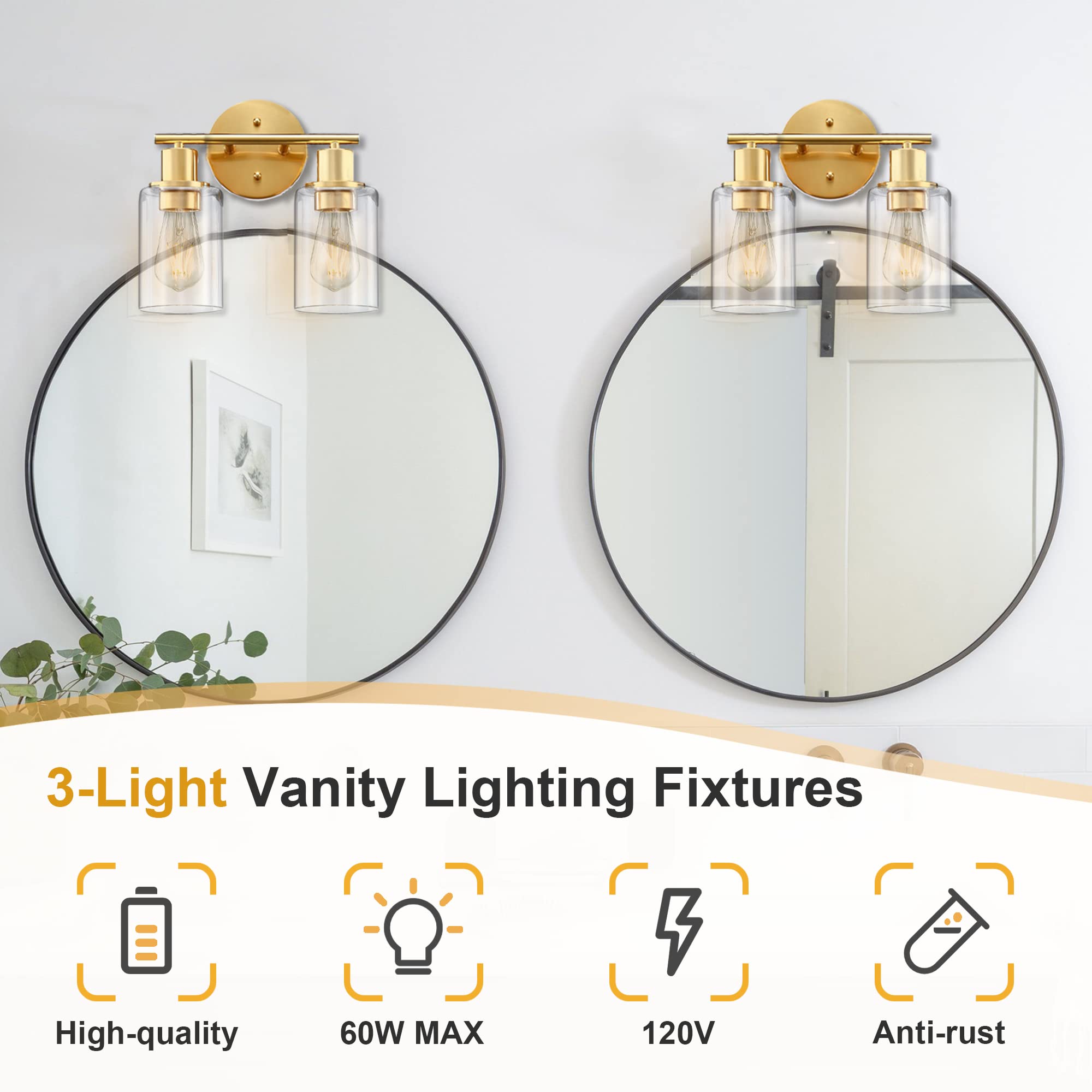 2-Light Gold Bathroom Vanity Light Fixture with Clear Glass Shades - Wall Sconce for Mirror Lighting in Bathroom, Bedroom, Living Room & Hallway | Modern Vanity Lighting for Home Decor