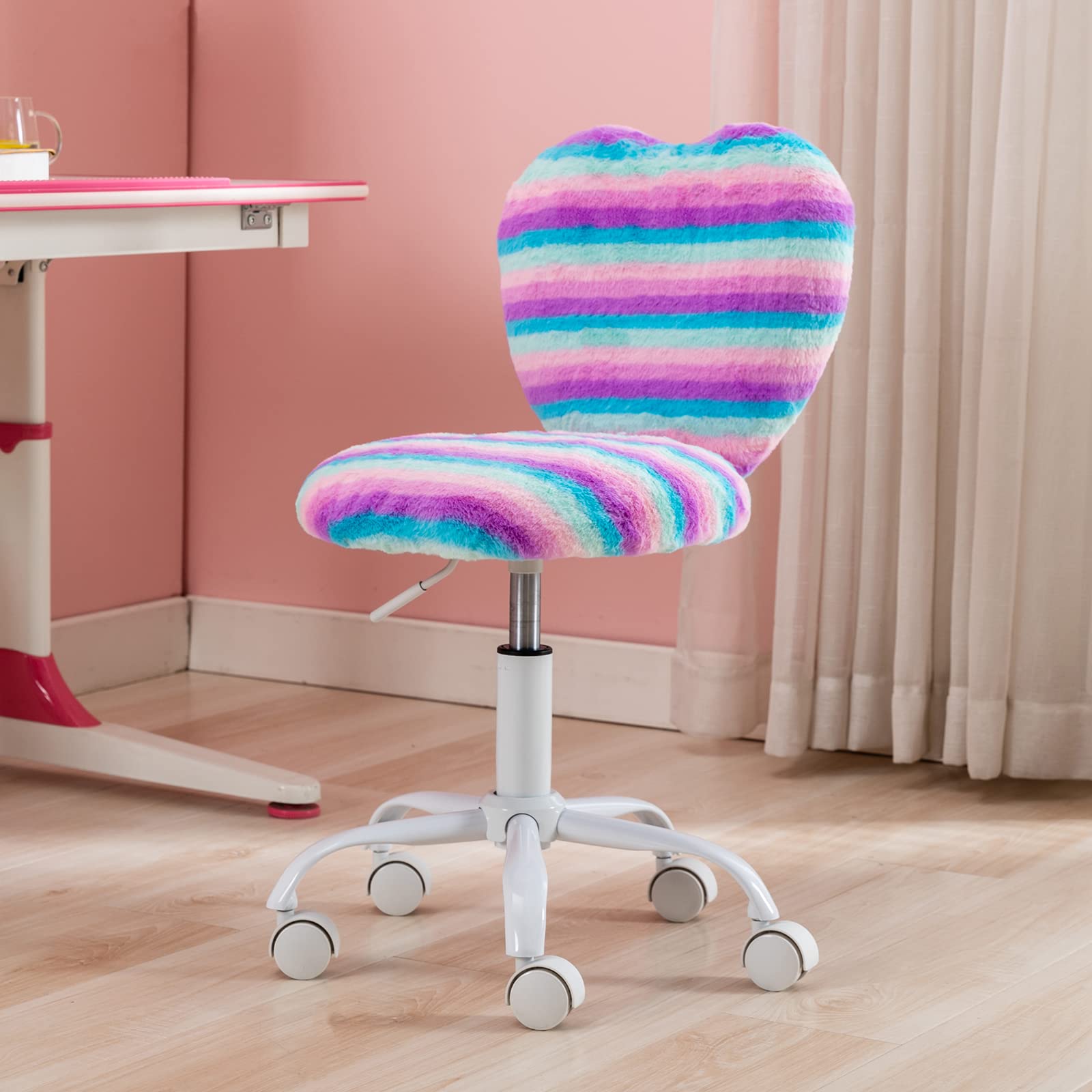 Colorful Furry Kids Desk Chair for Girls - Soft Swivel Rolling Study Chair with Rainbow Design, Perfect for Bedroom, Computer Use, Reading & Homework