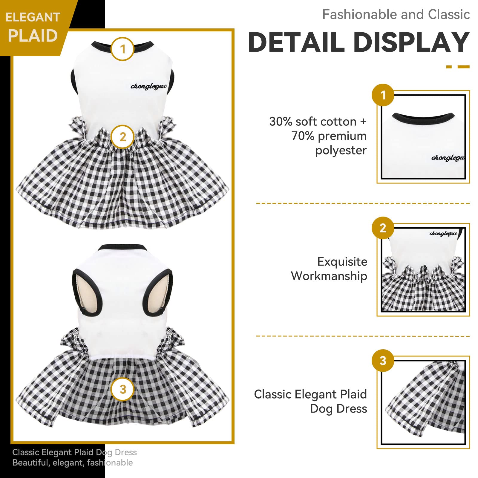 PETCARE Classic Black Plaid Dog Dress - Soft & Cute Summer Shirt for Small Dogs | Shih Tzu, Pomeranian, Chihuahua, Yorkie Puppy Outfits | Perfect for Daily Walks, Pet Parties & Photo Shoots (White, Large)