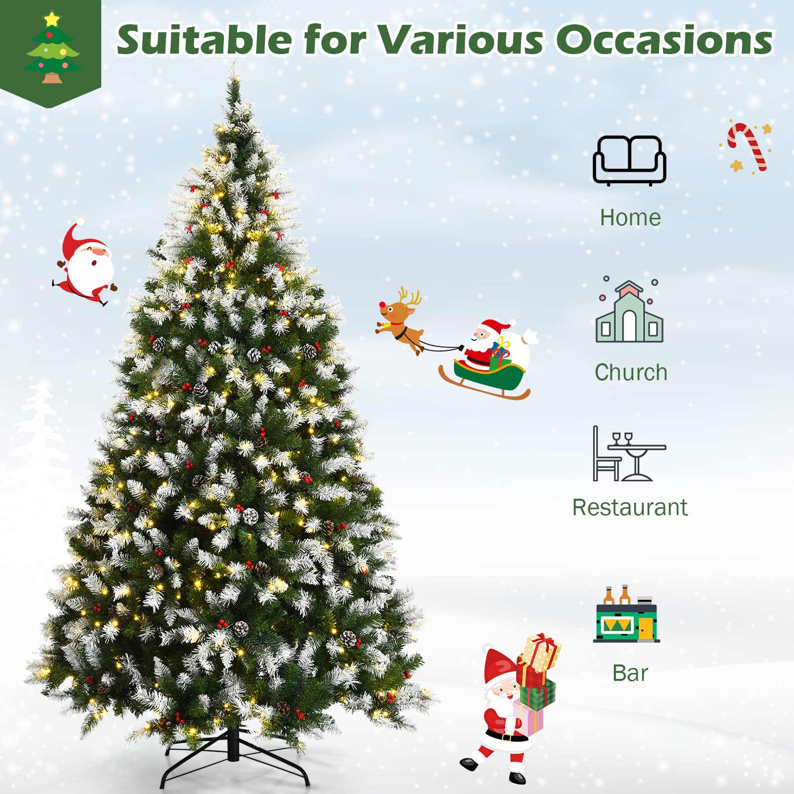 GOFLAME 7.5ft Pre-Lit Artificial Christmas Tree with 550 Warm White LED Lights, 8 Lighting Modes, Snow Flocked Hinged Branches & Sturdy Metal Stand - Perfect for Living Room, Office, and Holiday Festival Decorations