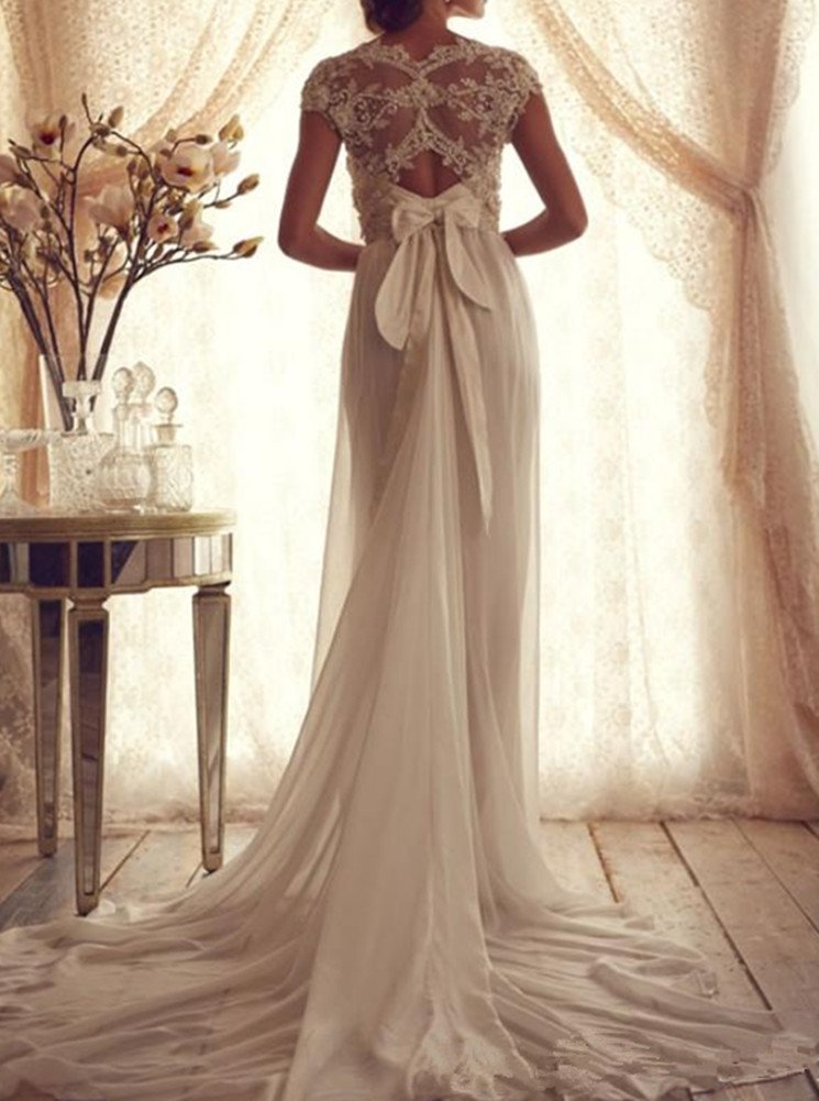 Elegant Beige V-Neck Chiffon Wedding Dress with Decals & Train - Perfect for Brides, Formal Events & Special Occasions