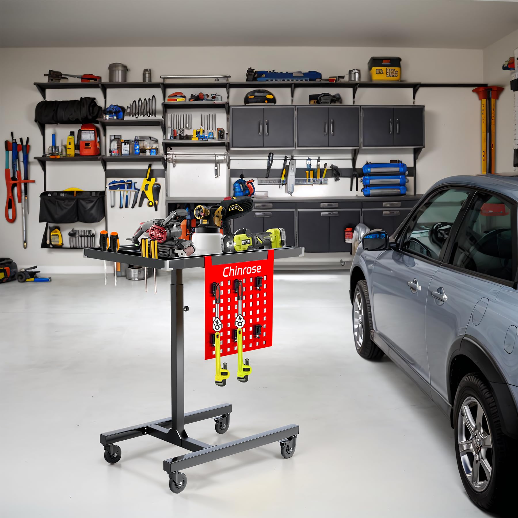 Heavy Duty Adjustable Workbench with Pegboard & Rolling Tool Tray - Mobile Workstation for Mechanics, Garage, Workshop & Warehouse | Perfect for DIY Projects, Auto Repair & Home Organization