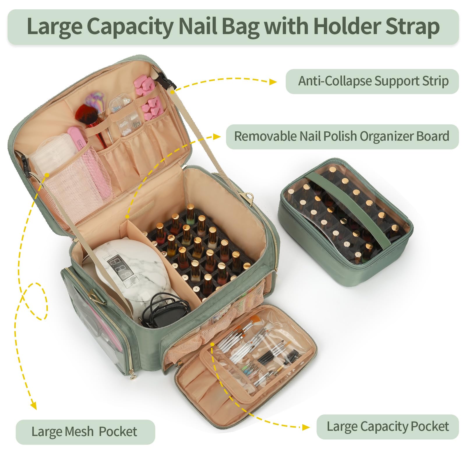 **50-70 Bottle Nail Polish Organizer & Storage Case - Portable Travel Nail Kit with Nail Lamp Holder - Perfect for Manicurists, Nail Artists & DIY Enthusiasts - Ideal for Salon, Home & Travel Use (Green)**