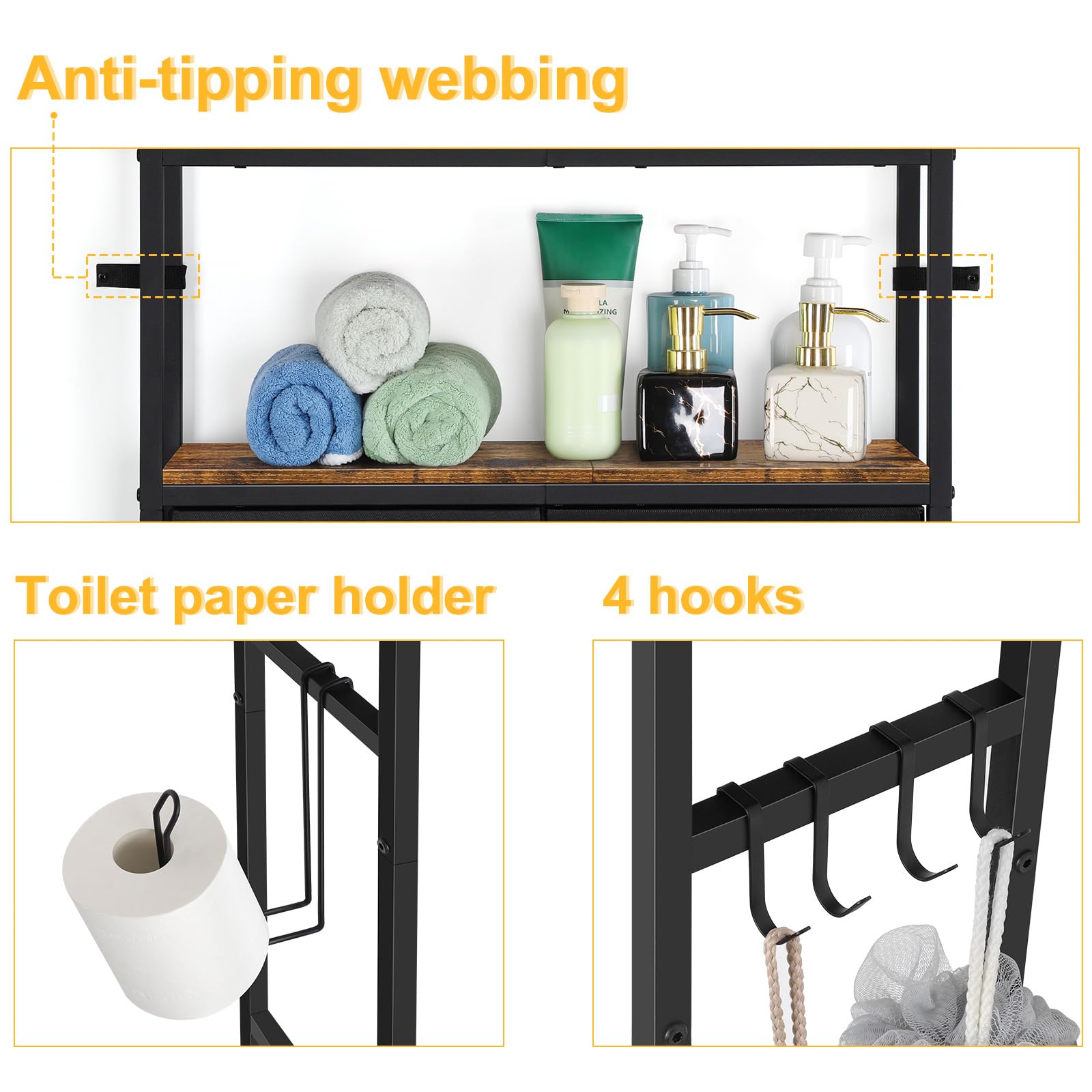 YBING Over The Toilet Bathroom Storage Cabinet - Freestanding Tall Bathroom Shelf Organizer with Fabric Drawer & Toilet Paper Holder - Space Saving Brown Bathroom Organizer for Small Bathrooms, Apartments & Dorm Rooms