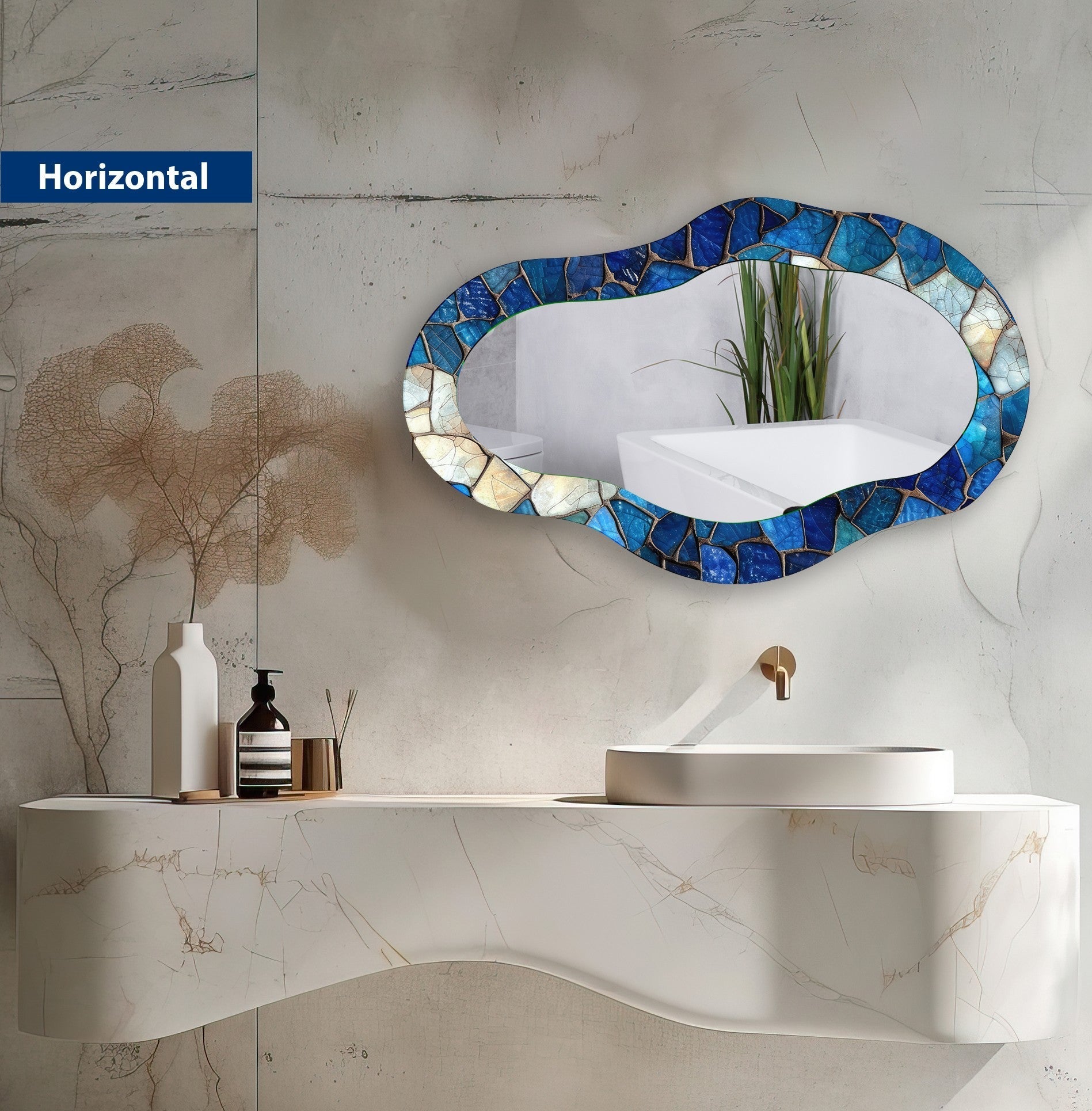 Blue Mosaic Asymmetrical Wall Mirror - Handcrafted Boho Decor for Living Room, Bedroom & Entryway - Unique Decorative Mirror for Home & Office