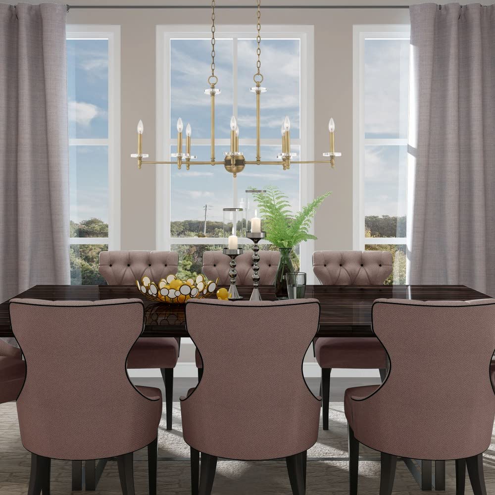 Livex Lighting 42708-01 Bancroft 8-Light Linear Chandelier with Clear Bobeche Crystals in Antique Brass Finish - Perfect for Dining Room, Foyer, or Luxury Home Decor