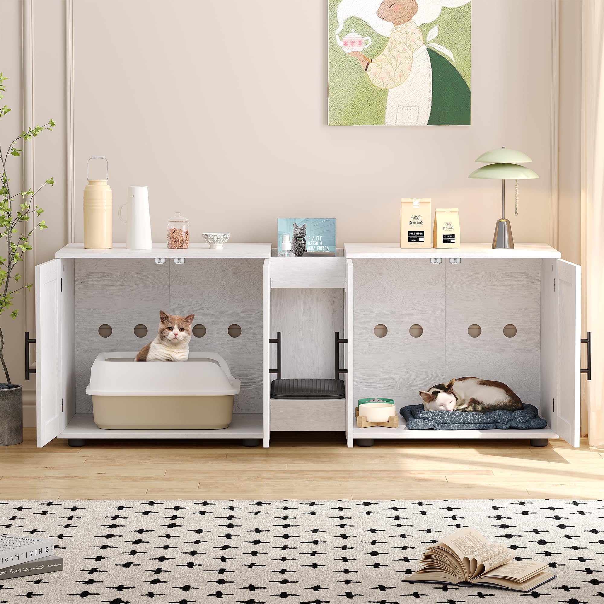 Gaomon Wooden Cat Litter Box Enclosure Furniture - Double Cage Hidden Litter Box House for 2 Cats, 55