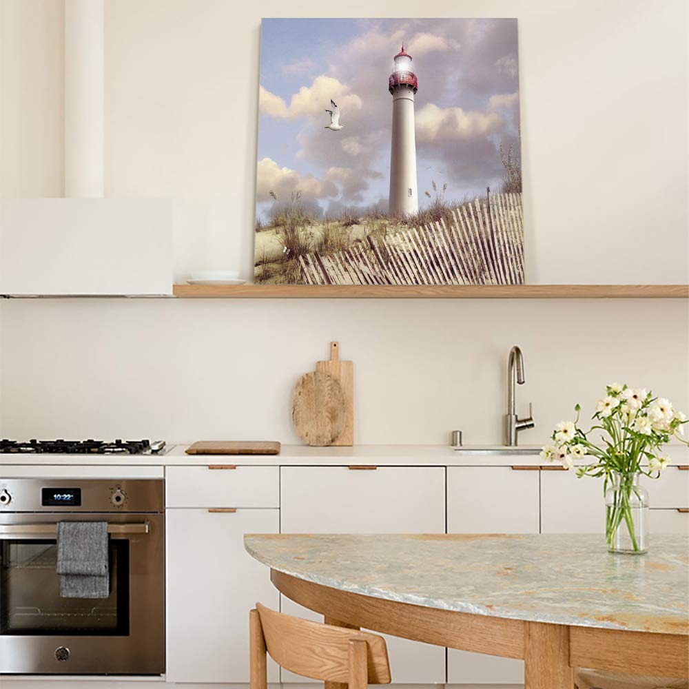 Beautiful Lighthouse Grassland Dreamy Sky Clouds Seagulls Scenery Canvas Wall Art - 16x16 Inch Framed Abstract Painting Print for Bedroom, Bathroom & Kitchen Decor - Ready to Hang Gift Idea - Perfect for Coastal, Farmhouse or Nautical Theme Rooms