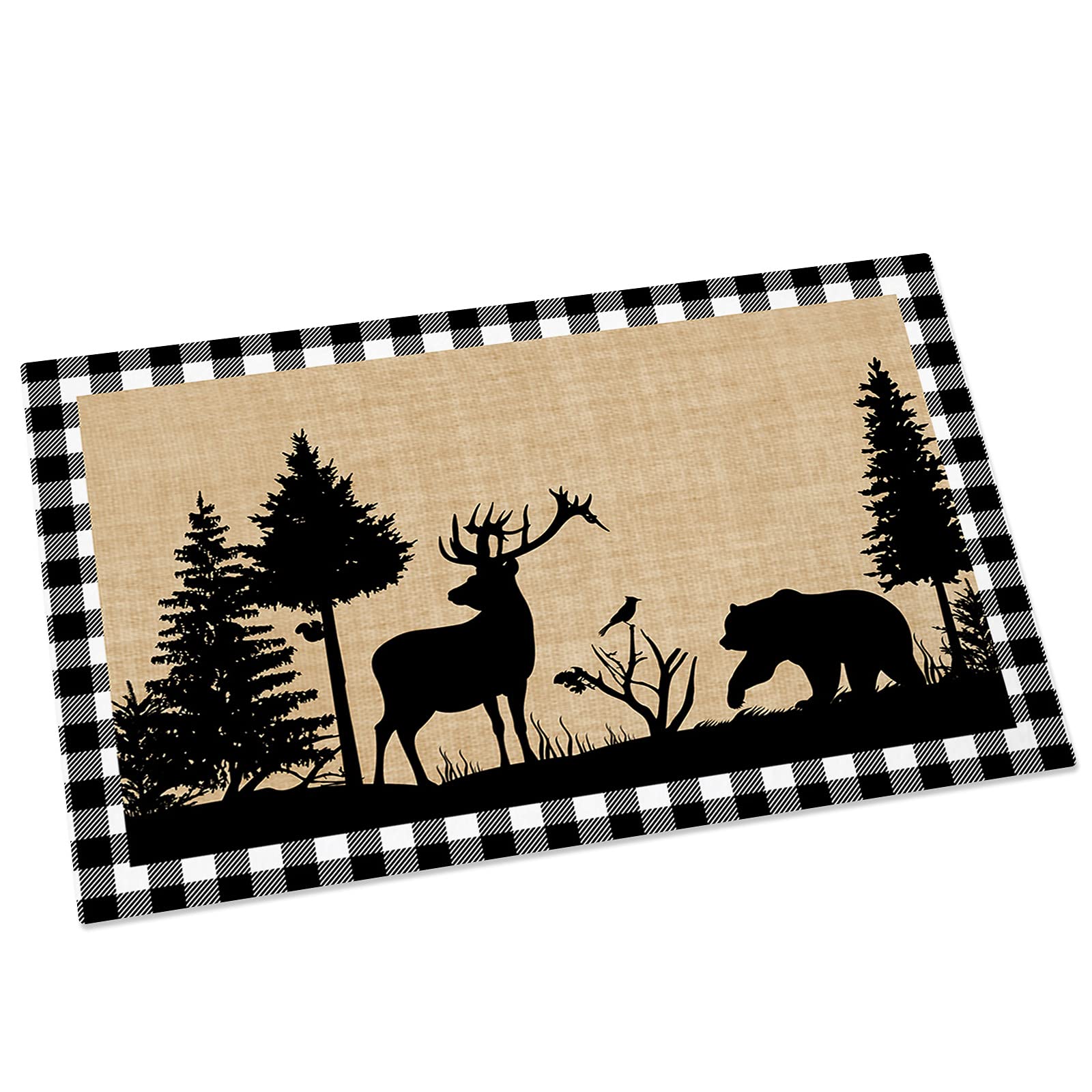 Koupin Life Absorbent Bath Rugs & Non-Slip Doormat - Christmas Reindeer Squirrel Birds Burlap Welcome Mat for Living Room, Bedroom, Bathroom - Buffalo Plaid Frame Indoor Decor - Perfect for Holiday Entryway, Cozy Home & Seasonal Decorations
